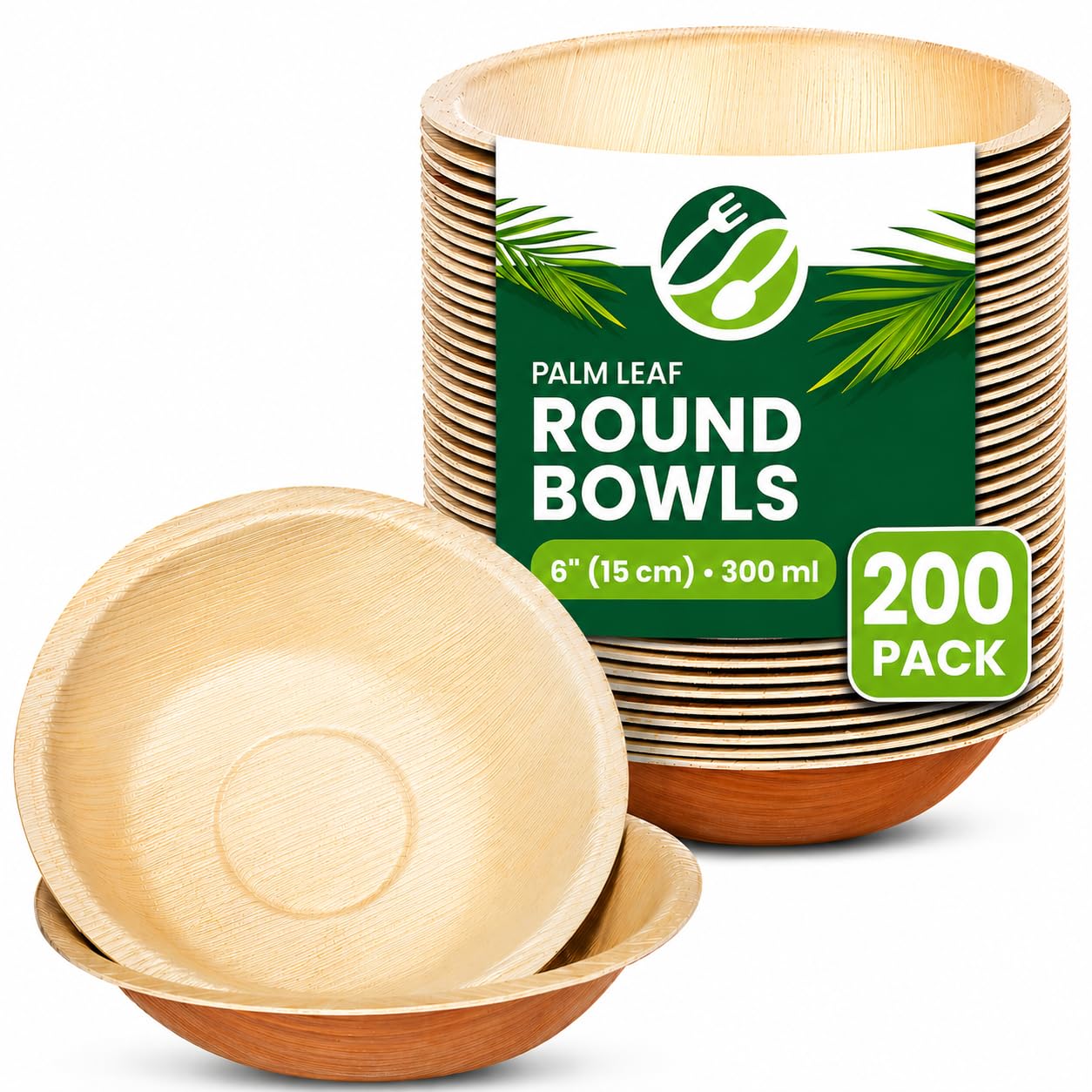 ECO Leaf 50 Disposable Palm Leaf Bowls | 8”(20cm) Round Compostable Dinner Bowls | Eco-Friendly, Biodegradable Heavy-Duty Bowl for Wedding, Party and Picnic | Microwave & Oven Safe, Pack of 50