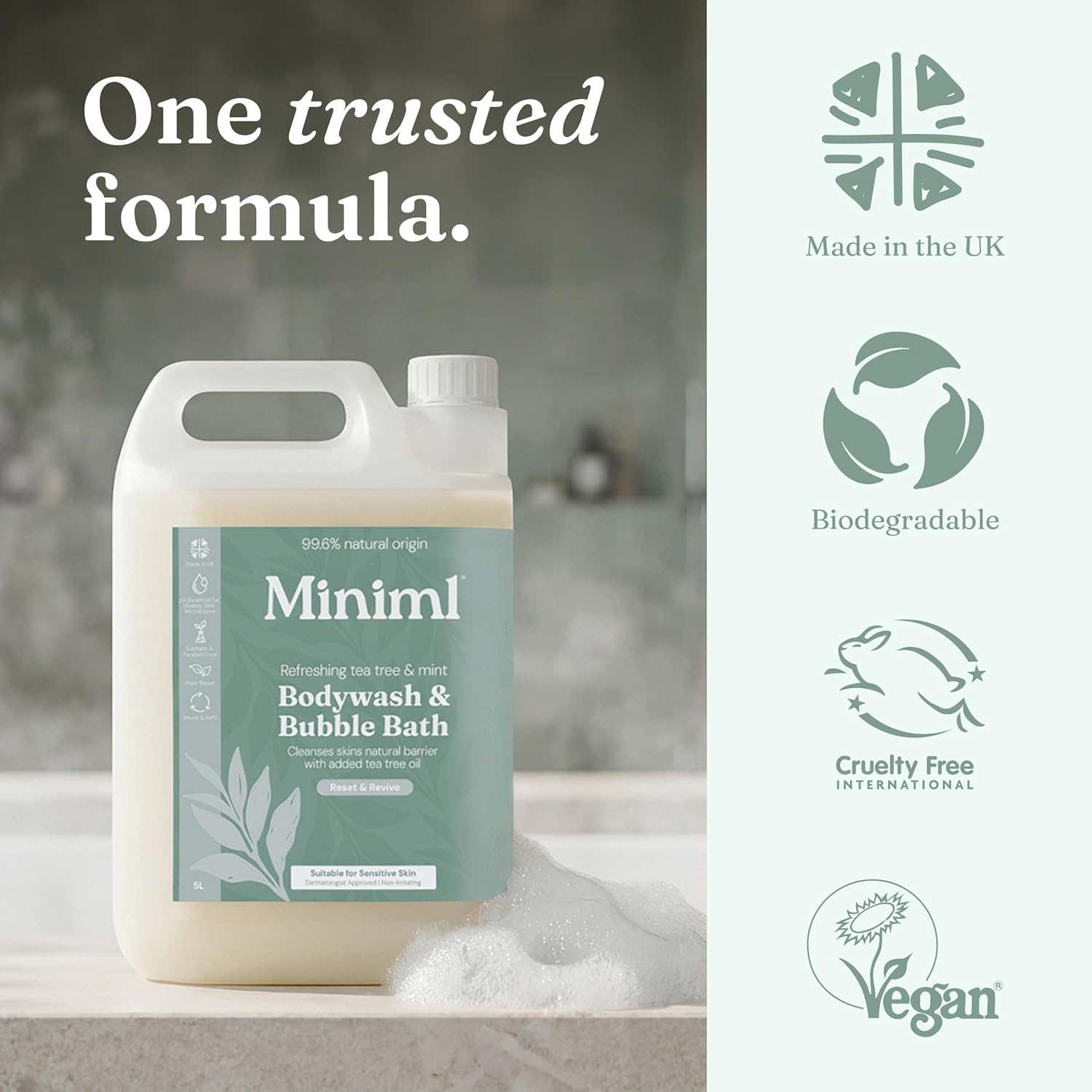 Miniml All Natural Body Wash and Bubble Bath - 5L Refill Moisturising Tea Tree and Mint Sensitive Skin Eco Shower Gel Bath Soak - Vegan Friendly Hand, Face & Body High Foam Scrub