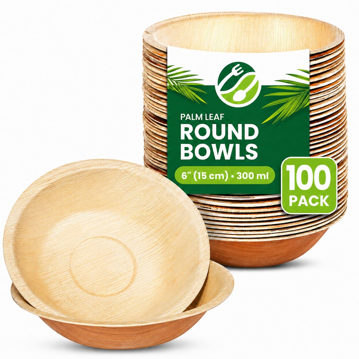 ECO Leaf 50 Disposable Palm Leaf Bowls | 8”(20cm) Round Compostable Dinner Bowls | Eco-Friendly, Biodegradable Heavy-Duty Bowl for Wedding, Party and Picnic | Microwave & Oven Safe, Pack of 50