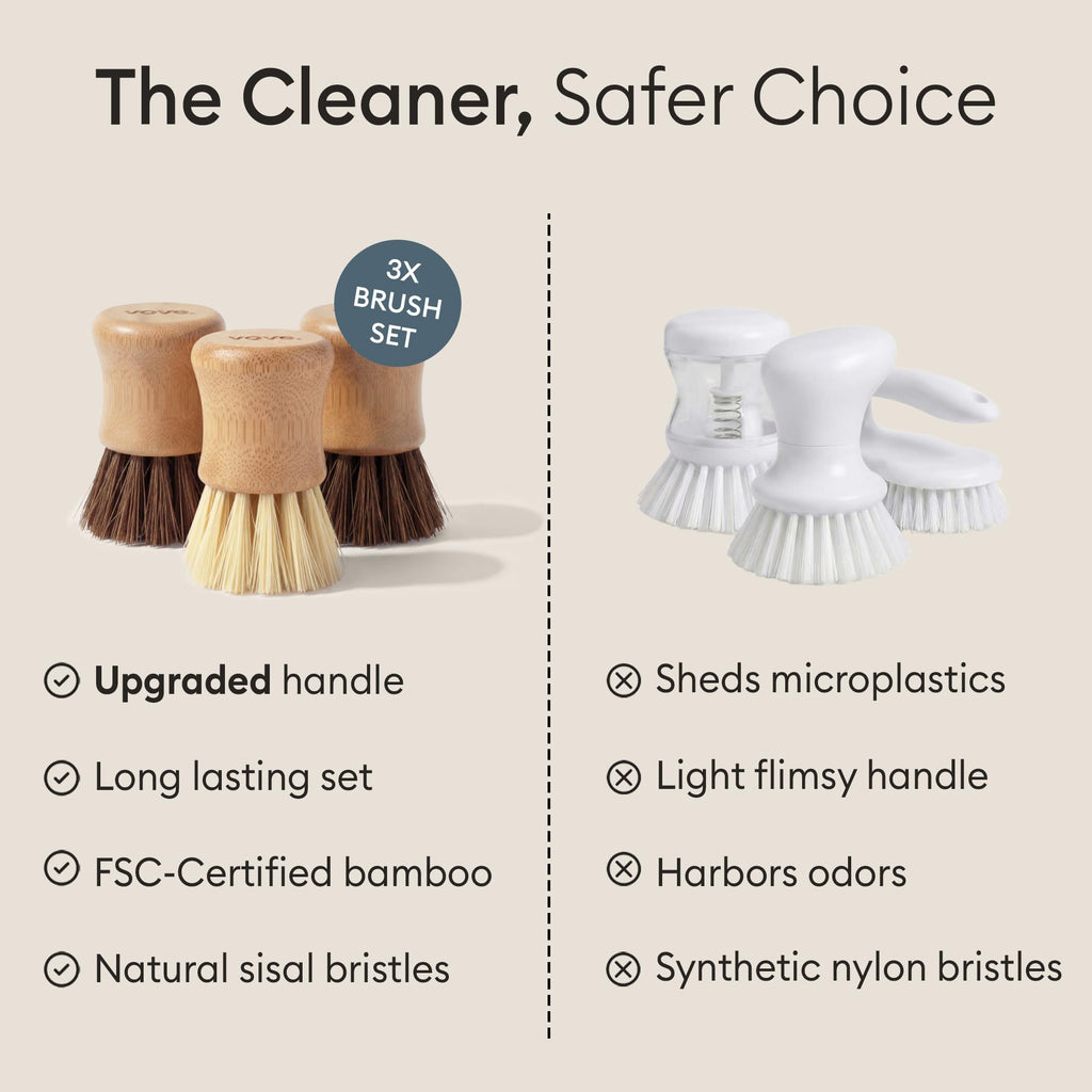 Vove Cleaning Essentials Set – Bamboo Washing Up Brush with Spare Head, 2 Scrub Brushes, 2 Washing Up Sponges – FSC Certified, Plastic-Free, Eco-Friendly – Natural Bristles & Loofah