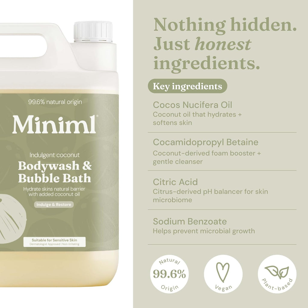 Miniml All Natural Body Wash and Bubble Bath - 5L Refill Moisturising Tea Tree and Mint Sensitive Skin Eco Shower Gel Bath Soak - Vegan Friendly Hand, Face & Body High Foam Scrub