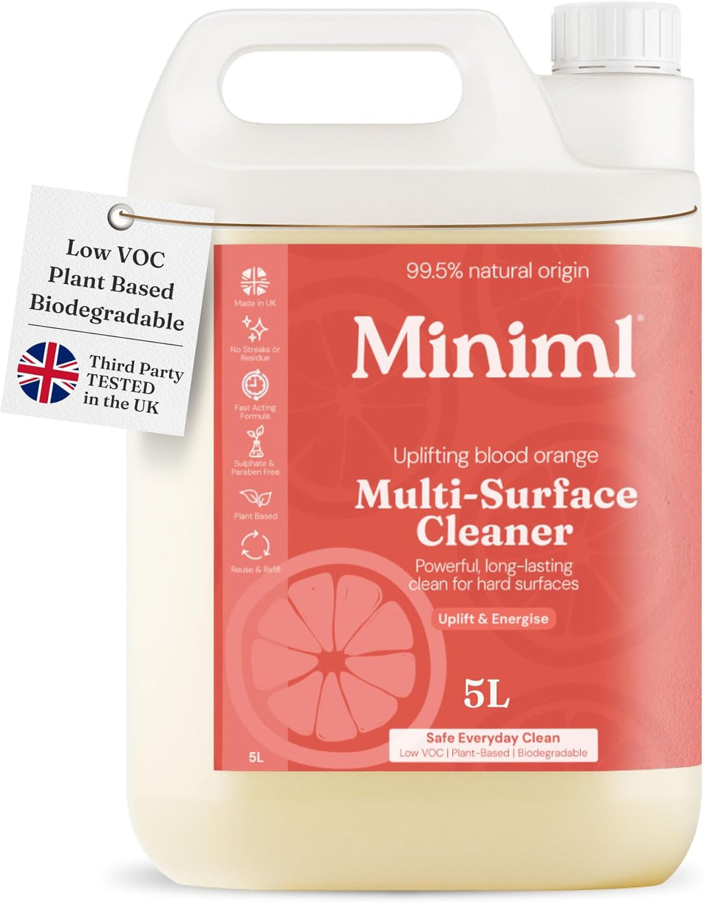 Miniml Eco Multi Surface Cleaner General Purpose Spray 5L Refill – Blood Orange Scented for Cleaning All Surfaces Floors Walls Glass Kitchen Bathroom - Natural Plant Based Vegan Formula & Cruelty Free