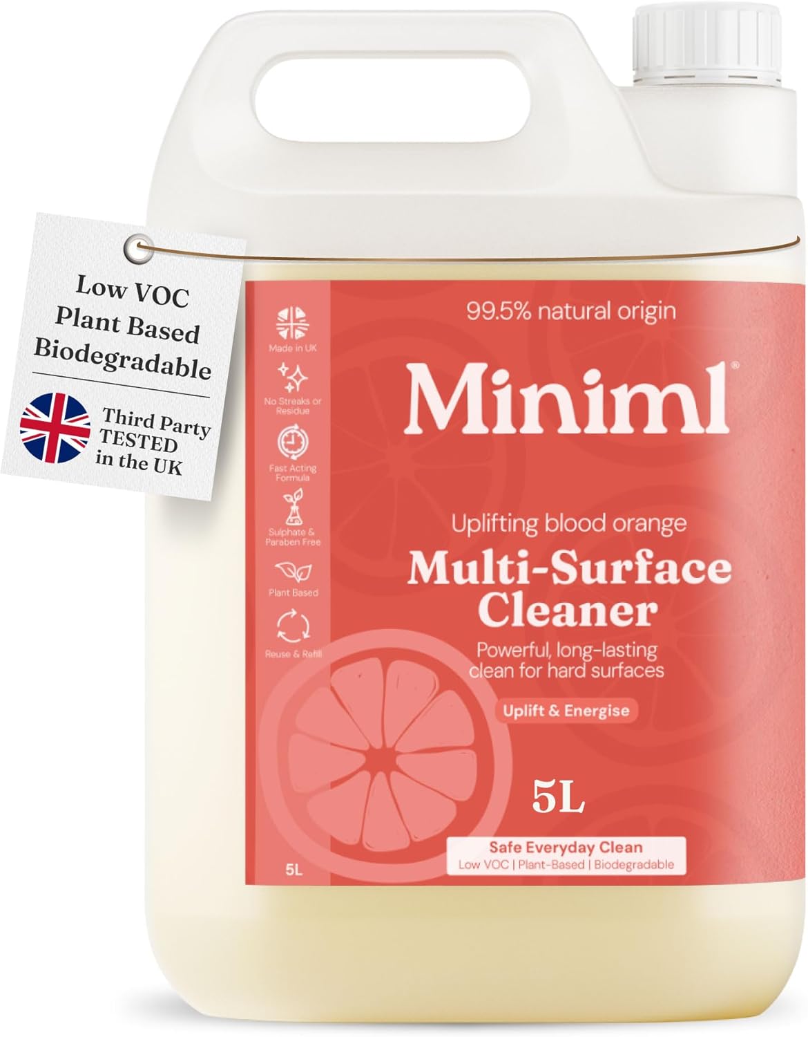 Miniml Eco Multi Surface Cleaner General Purpose Spray 5L Refill – Blood Orange Scented for Cleaning All Surfaces Floors Walls Glass Kitchen Bathroom - Natural Plant Based Vegan Formula & Cruelty Free
