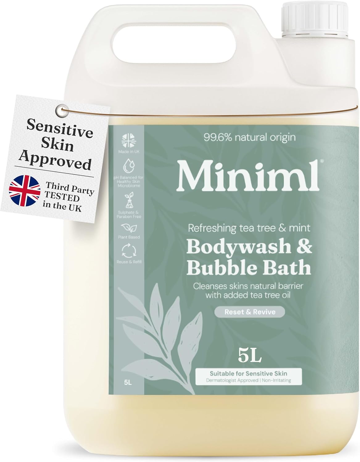 Miniml All Natural Body Wash and Bubble Bath - 5L Refill Moisturising Tea Tree and Mint Sensitive Skin Eco Shower Gel Bath Soak - Vegan Friendly Hand, Face & Body High Foam Scrub