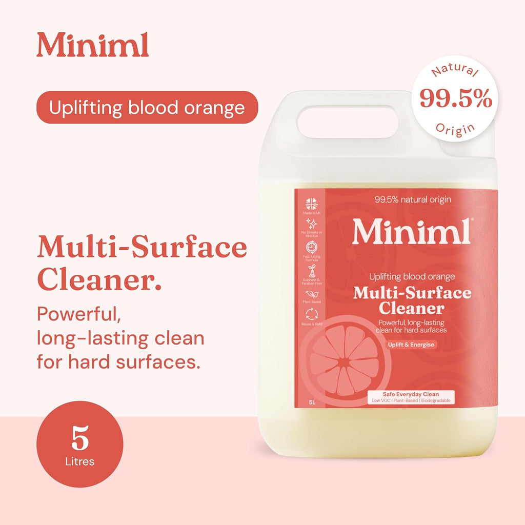 Miniml Eco Multi Surface Cleaner General Purpose Spray 5L Refill – Blood Orange Scented for Cleaning All Surfaces Floors Walls Glass Kitchen Bathroom - Natural Plant Based Vegan Formula & Cruelty Free