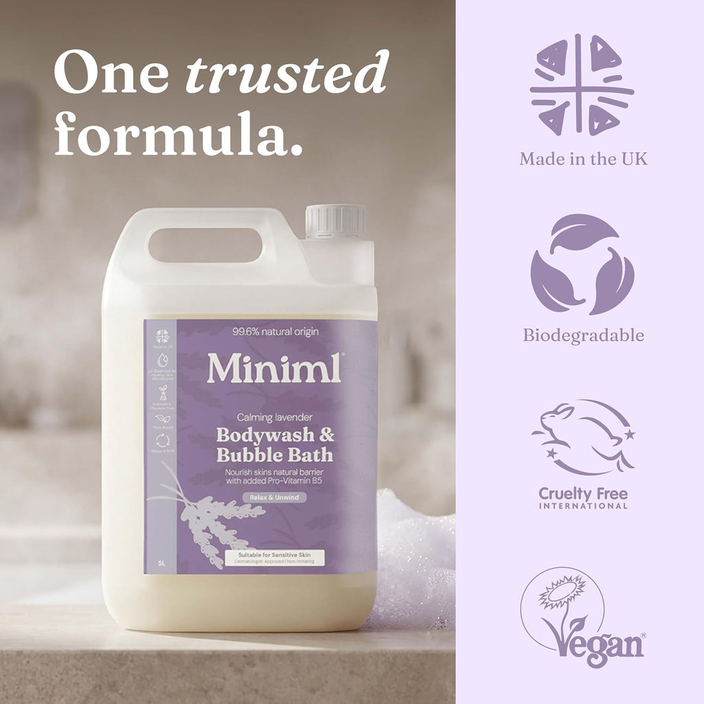 Miniml All Natural Body Wash and Bubble Bath - 5L Refill Moisturising Tea Tree and Mint Sensitive Skin Eco Shower Gel Bath Soak - Vegan Friendly Hand, Face & Body High Foam Scrub