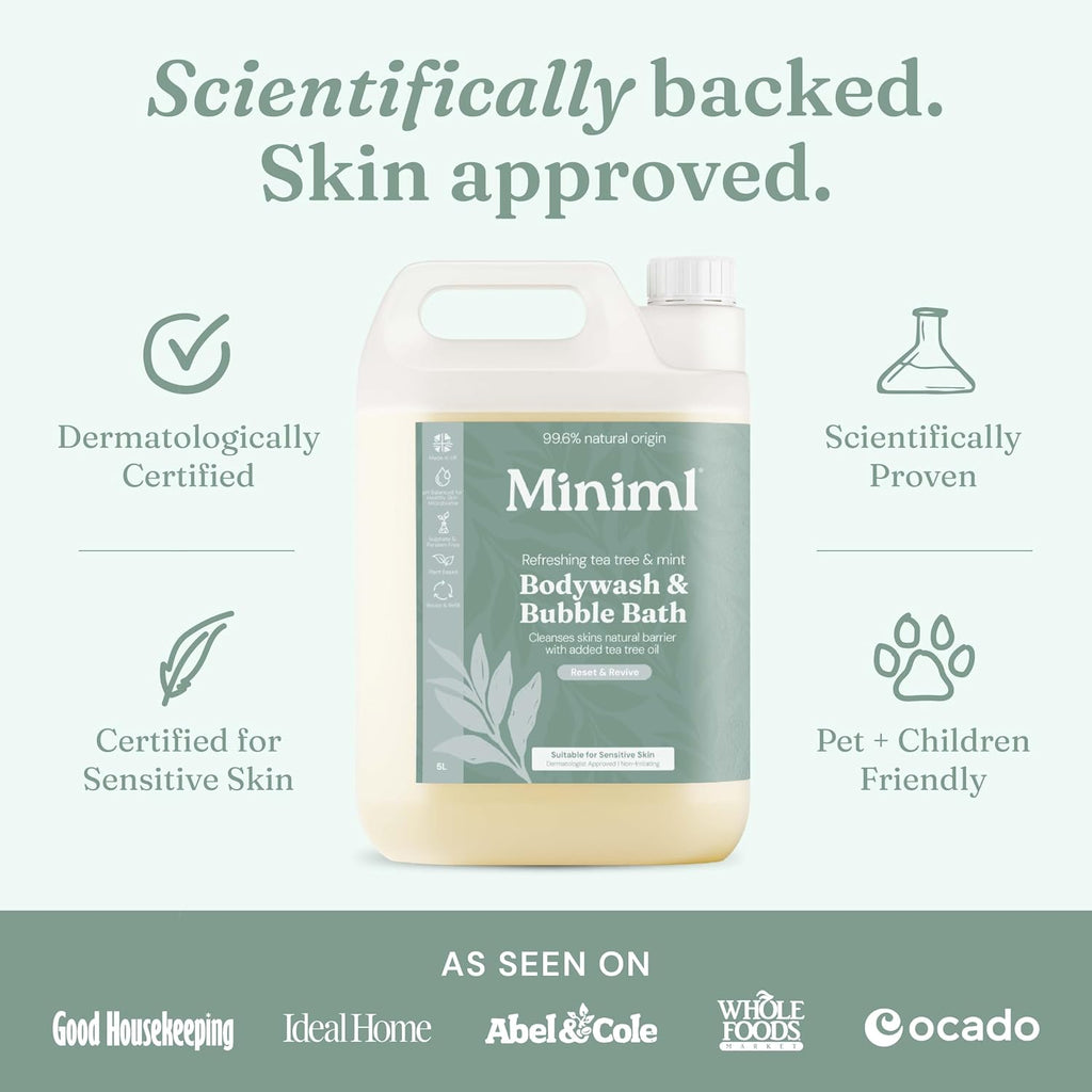 Miniml All Natural Body Wash and Bubble Bath - 5L Refill Moisturising Tea Tree and Mint Sensitive Skin Eco Shower Gel Bath Soak - Vegan Friendly Hand, Face & Body High Foam Scrub