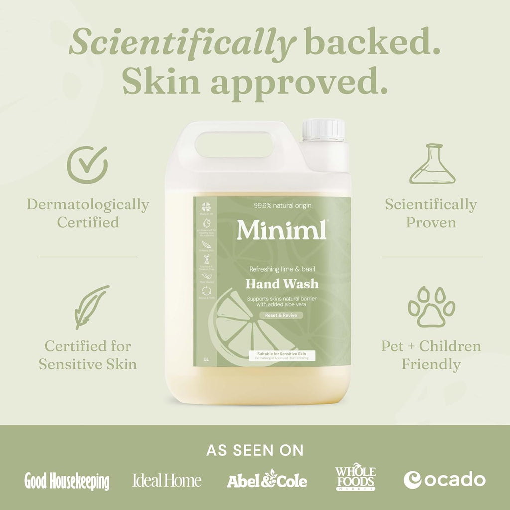 Miniml Hand Soap Wash Liquid 5L Refill - Lime, Basil & Mandarin Infused Hand, Skin & Body Wash Gel for Soft and Sensitive Skin Care - 100% Vegan & Cruelty Free