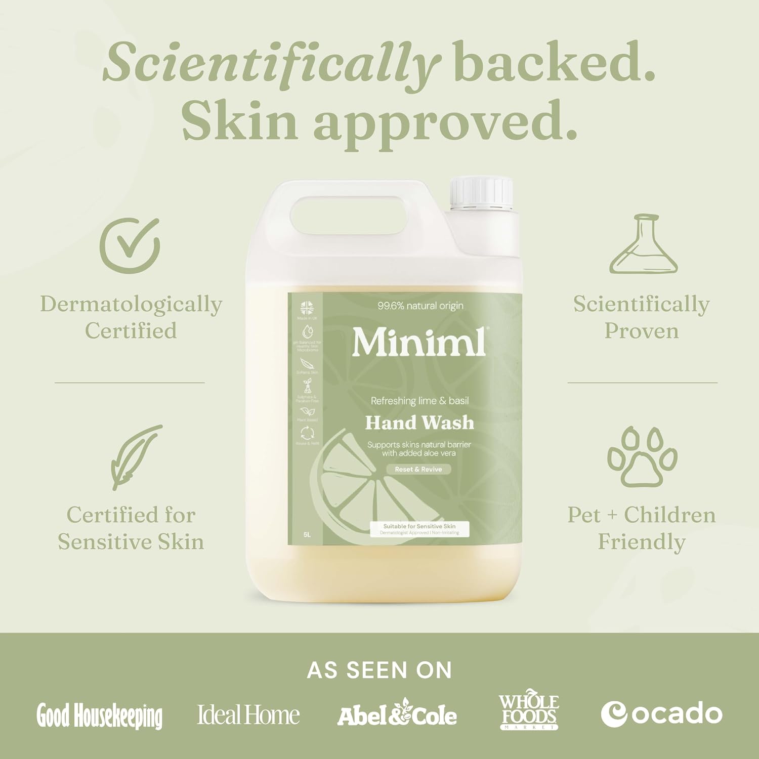 Miniml Hand Soap Wash Liquid 5L Refill - Lime, Basil & Mandarin Infused Hand, Skin & Body Wash Gel for Soft and Sensitive Skin Care - 100% Vegan & Cruelty Free