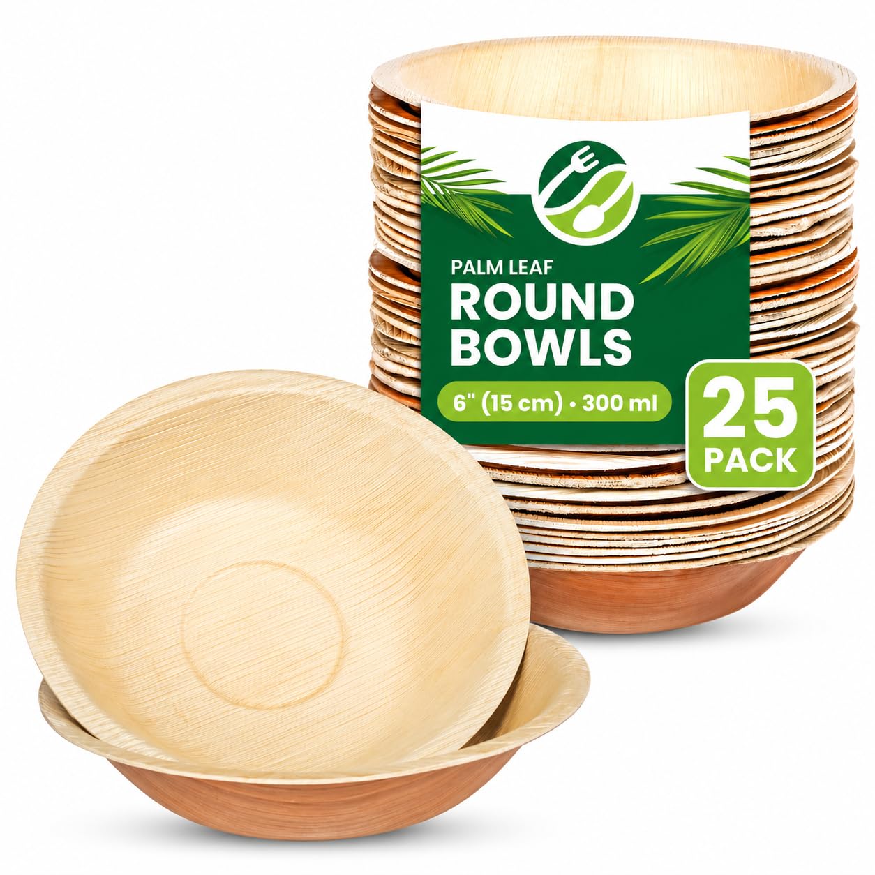 ECO Leaf 50 Disposable Palm Leaf Bowls | 8”(20cm) Round Compostable Dinner Bowls | Eco-Friendly, Biodegradable Heavy-Duty Bowl for Wedding, Party and Picnic | Microwave & Oven Safe, Pack of 50