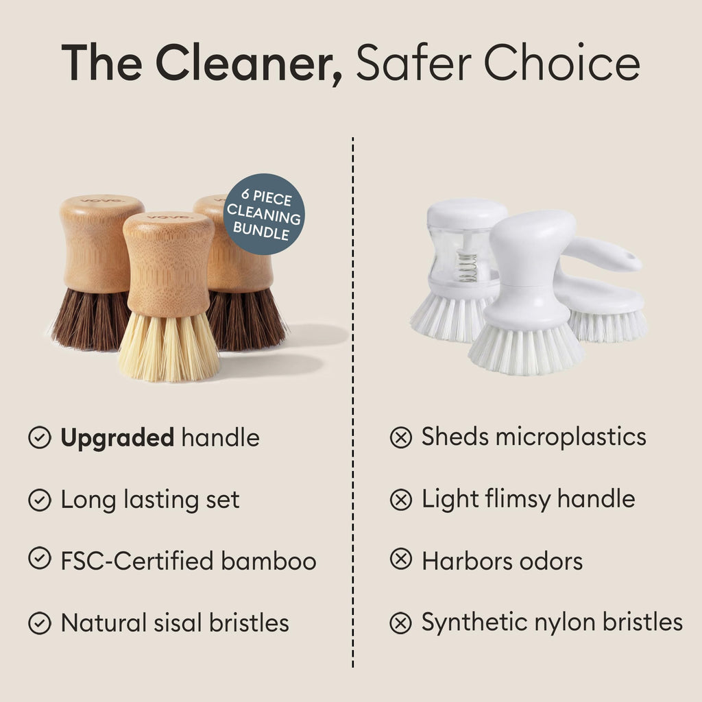 Vove Cleaning Essentials Set – Bamboo Washing Up Brush with Spare Head, 2 Scrub Brushes, 2 Washing Up Sponges – FSC Certified, Plastic-Free, Eco-Friendly – Natural Bristles & Loofah