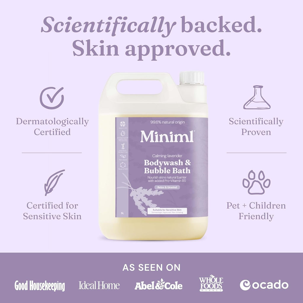 Miniml All Natural Body Wash and Bubble Bath - 5L Refill Moisturising Tea Tree and Mint Sensitive Skin Eco Shower Gel Bath Soak - Vegan Friendly Hand, Face & Body High Foam Scrub