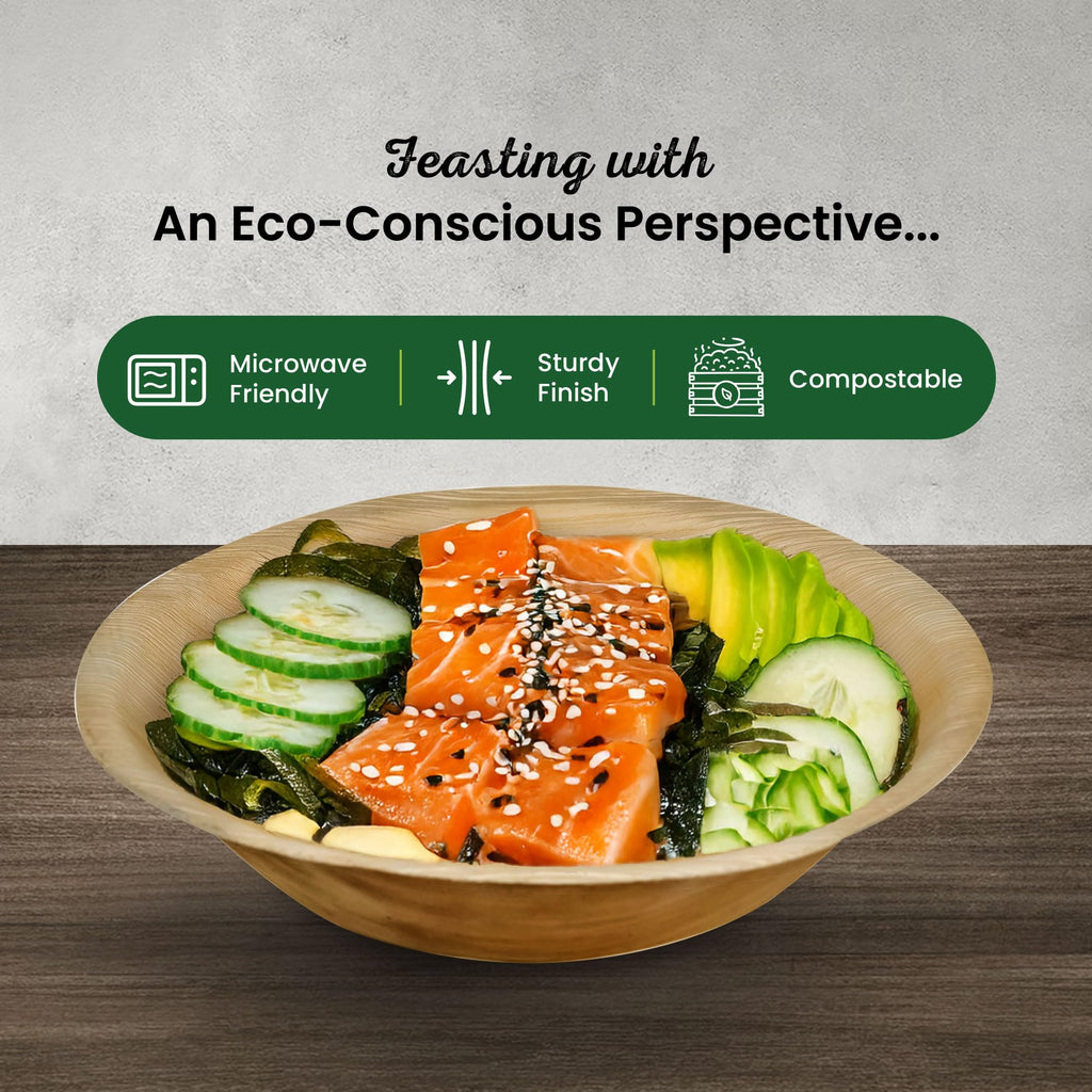 ECO Leaf 50 Disposable Palm Leaf Bowls | 8”(20cm) Round Compostable Dinner Bowls | Eco-Friendly, Biodegradable Heavy-Duty Bowl for Wedding, Party and Picnic | Microwave & Oven Safe, Pack of 50