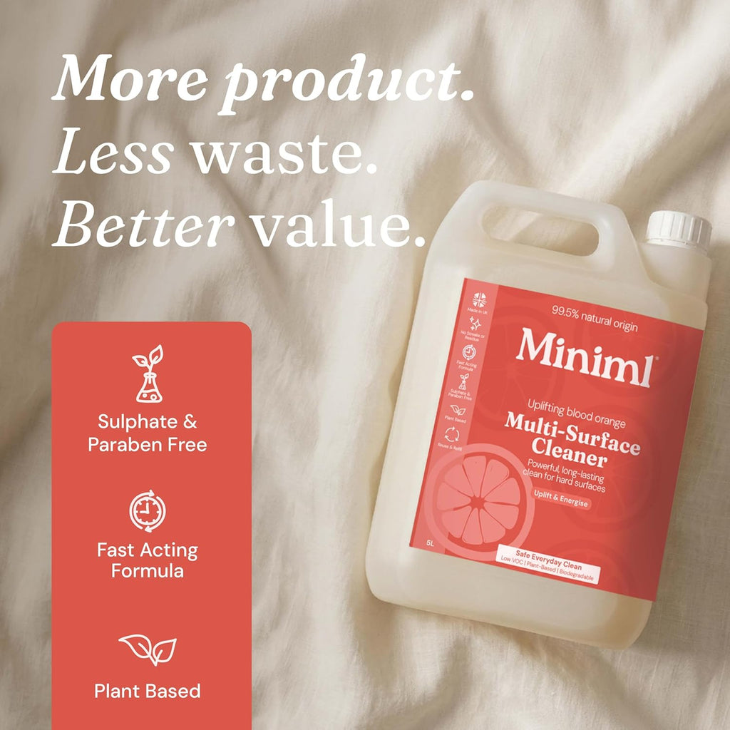 Miniml Eco Multi Surface Cleaner General Purpose Spray 5L Refill – Blood Orange Scented for Cleaning All Surfaces Floors Walls Glass Kitchen Bathroom - Natural Plant Based Vegan Formula & Cruelty Free