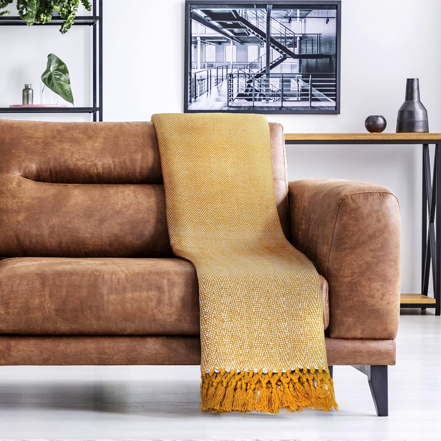 Emma Barclay Herringbone - Recycled Cotton Patterned Chair Sofa Setee Bed Throw Over Blanket in Natural - 50x60 (127x152cm)