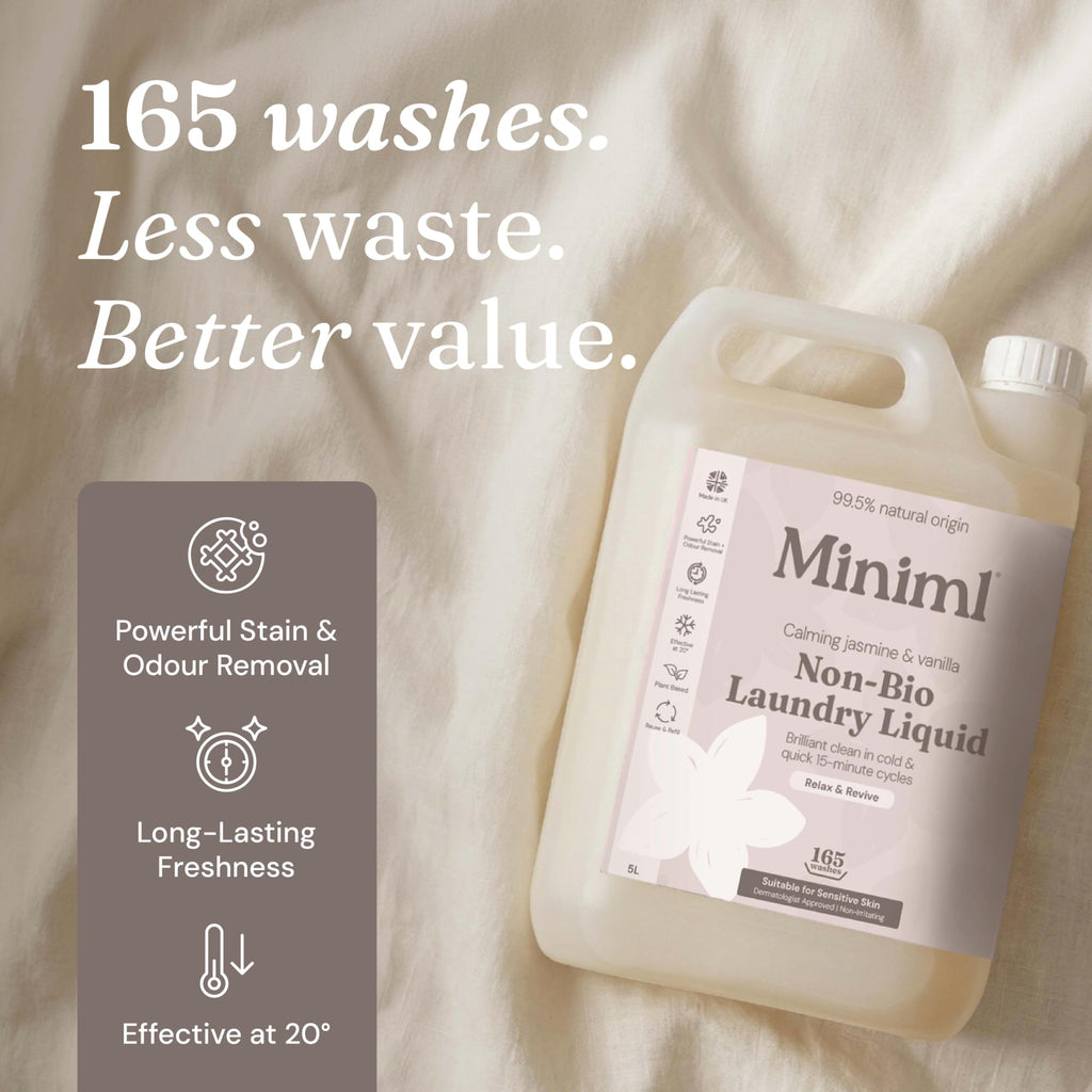 Miniml Laundry Liquid Washing Detergent 5L Refill - Natural Non Bio Pink Dragonfruit & Orchid Scented Clothes Fabric Cleaner for Machine or Delicate Hand Wash- 100% Vegan & Cruelty Free (165 Washes)