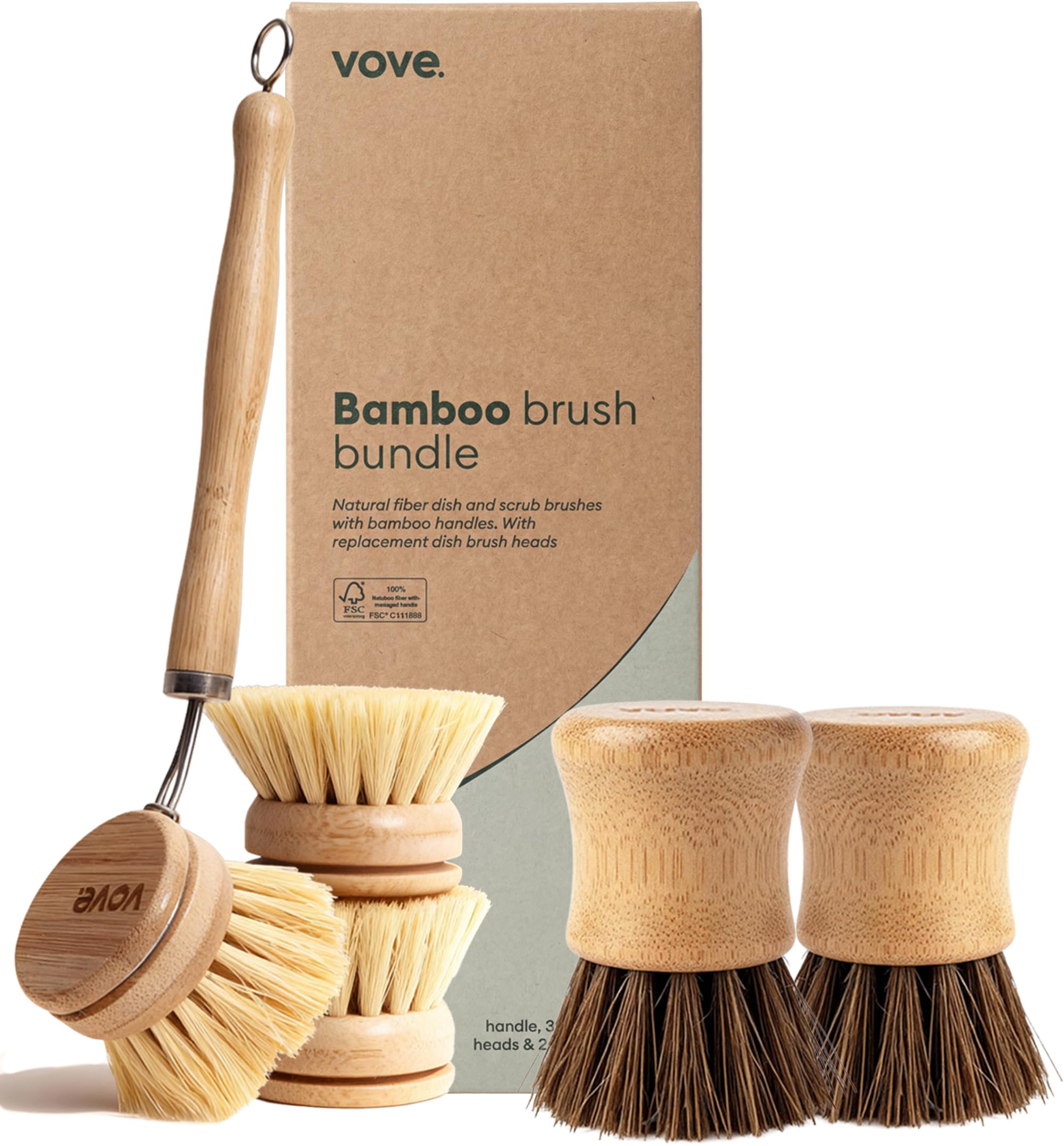 Vove Bamboo Washing Up Brush with 3 Replacement Heads, Plastic-Free Kitchen Scrubbing Brush for Pots Pans and Dishes, FSC-Certified Bamboo Handle with Natural Fibre Bristles, Non-Toxic Zero-Waste