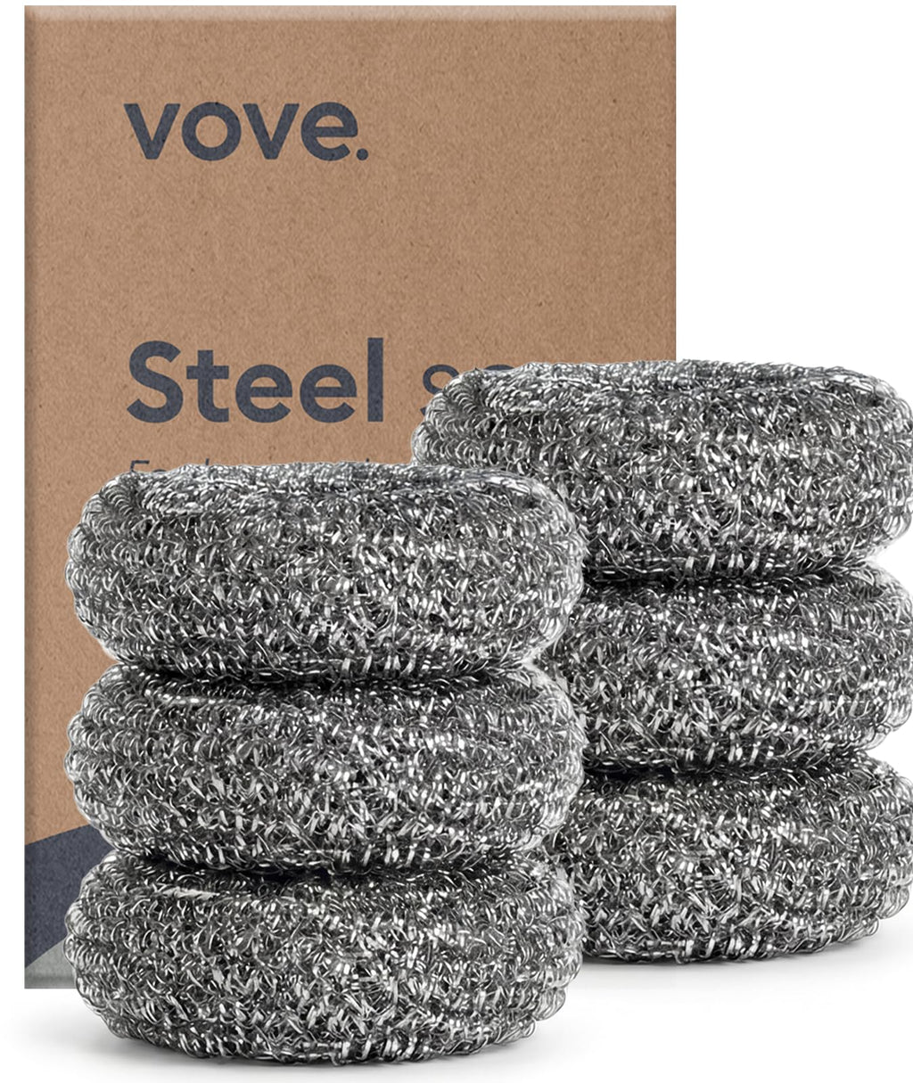 Vove Magnetic Scourer – Rust-Free Stainless Steel Scrubber with FSC-Certified Bamboo Handle, 3 Replacement Pads, for Cast Iron, Pots & Pans, Plastic-Free Zero Waste Washing Up Tool