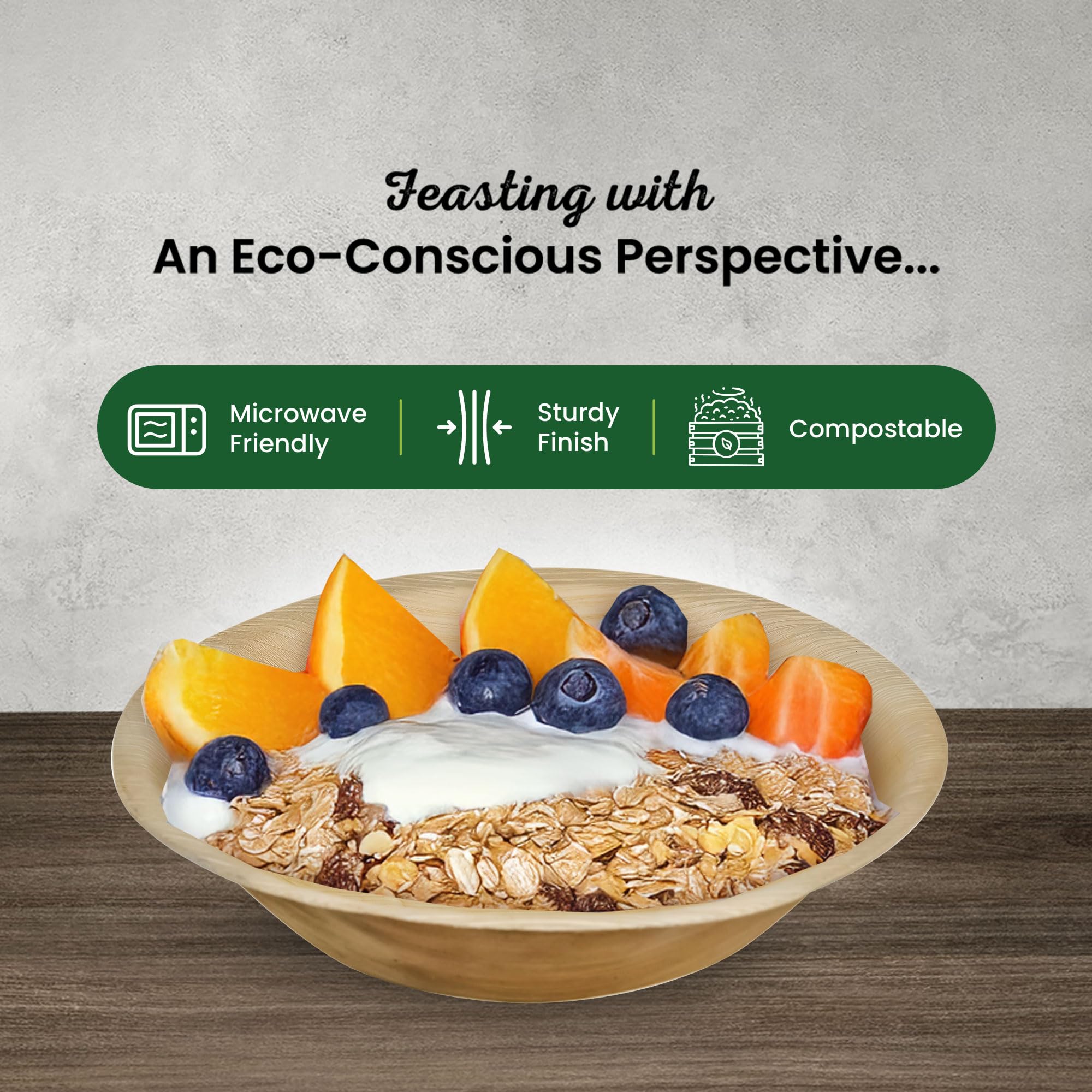 ECO Leaf 50 Disposable Palm Leaf Bowls | 8”(20cm) Round Compostable Dinner Bowls | Eco-Friendly, Biodegradable Heavy-Duty Bowl for Wedding, Party and Picnic | Microwave & Oven Safe, Pack of 50