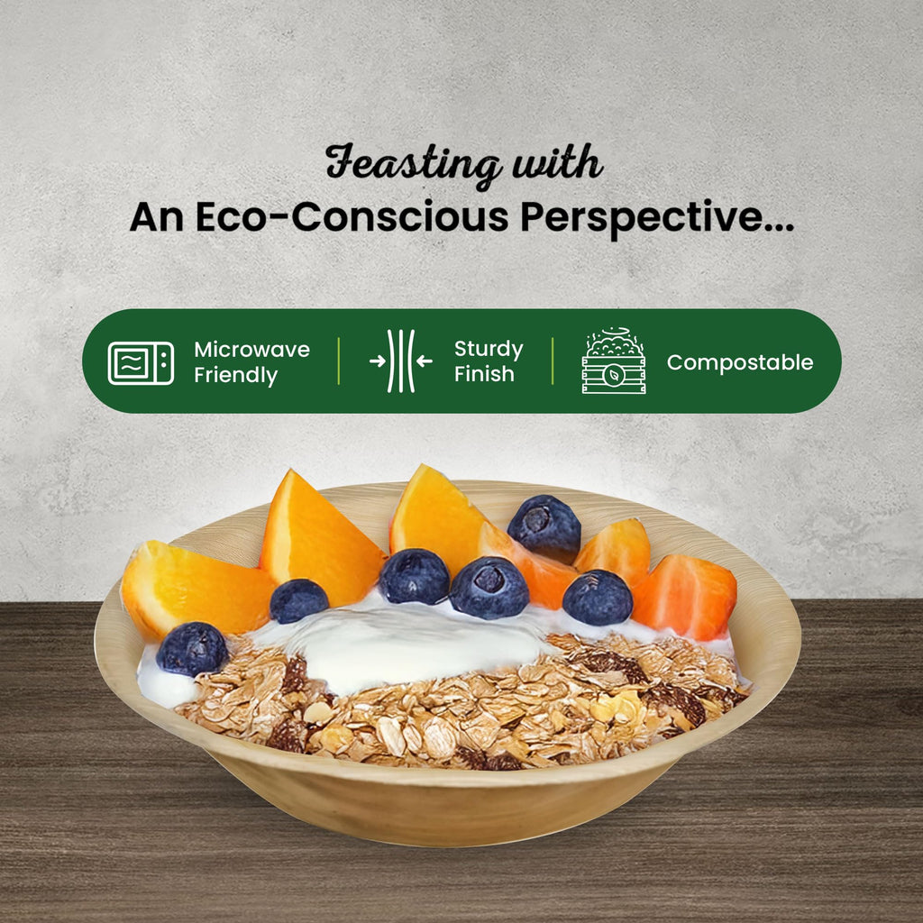ECO Leaf 50 Disposable Palm Leaf Bowls | 8”(20cm) Round Compostable Dinner Bowls | Eco-Friendly, Biodegradable Heavy-Duty Bowl for Wedding, Party and Picnic | Microwave & Oven Safe, Pack of 50