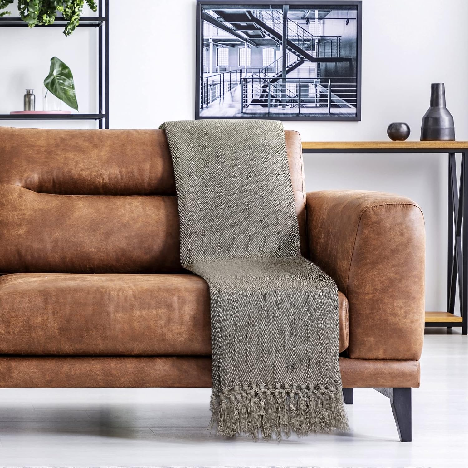 Emma Barclay Herringbone - Recycled Cotton Patterned Chair Sofa Setee Bed Throw Over Blanket in Natural - 50x60 (127x152cm)