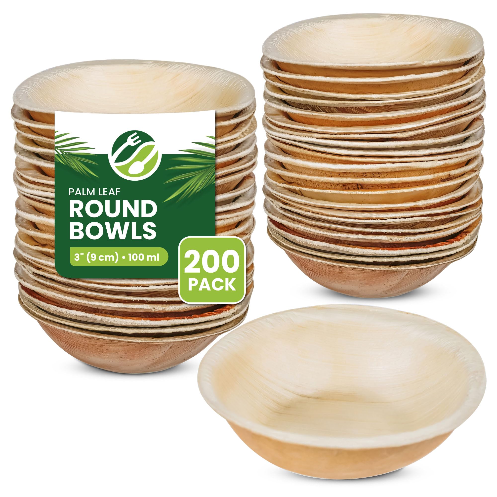 ECO Leaf 50 Disposable Palm Leaf Bowls | 8”(20cm) Round Compostable Dinner Bowls | Eco-Friendly, Biodegradable Heavy-Duty Bowl for Wedding, Party and Picnic | Microwave & Oven Safe, Pack of 50