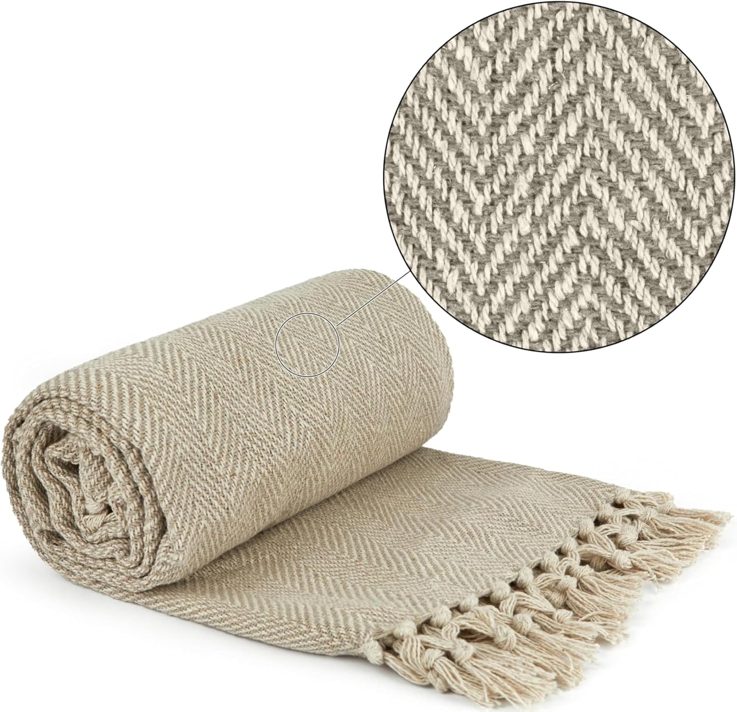 Emma Barclay Herringbone - Recycled Cotton Patterned Chair Sofa Setee Bed Throw Over Blanket in Natural - 50x60 (127x152cm)