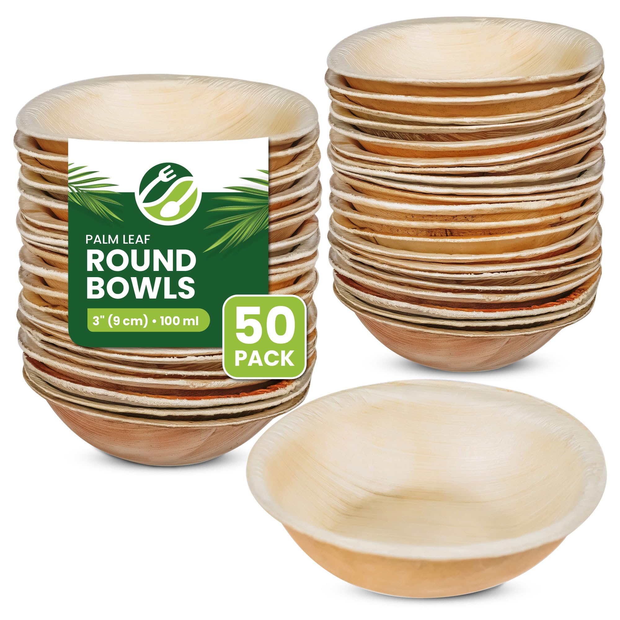 ECO Leaf 50 Disposable Palm Leaf Bowls | 8”(20cm) Round Compostable Dinner Bowls | Eco-Friendly, Biodegradable Heavy-Duty Bowl for Wedding, Party and Picnic | Microwave & Oven Safe, Pack of 50