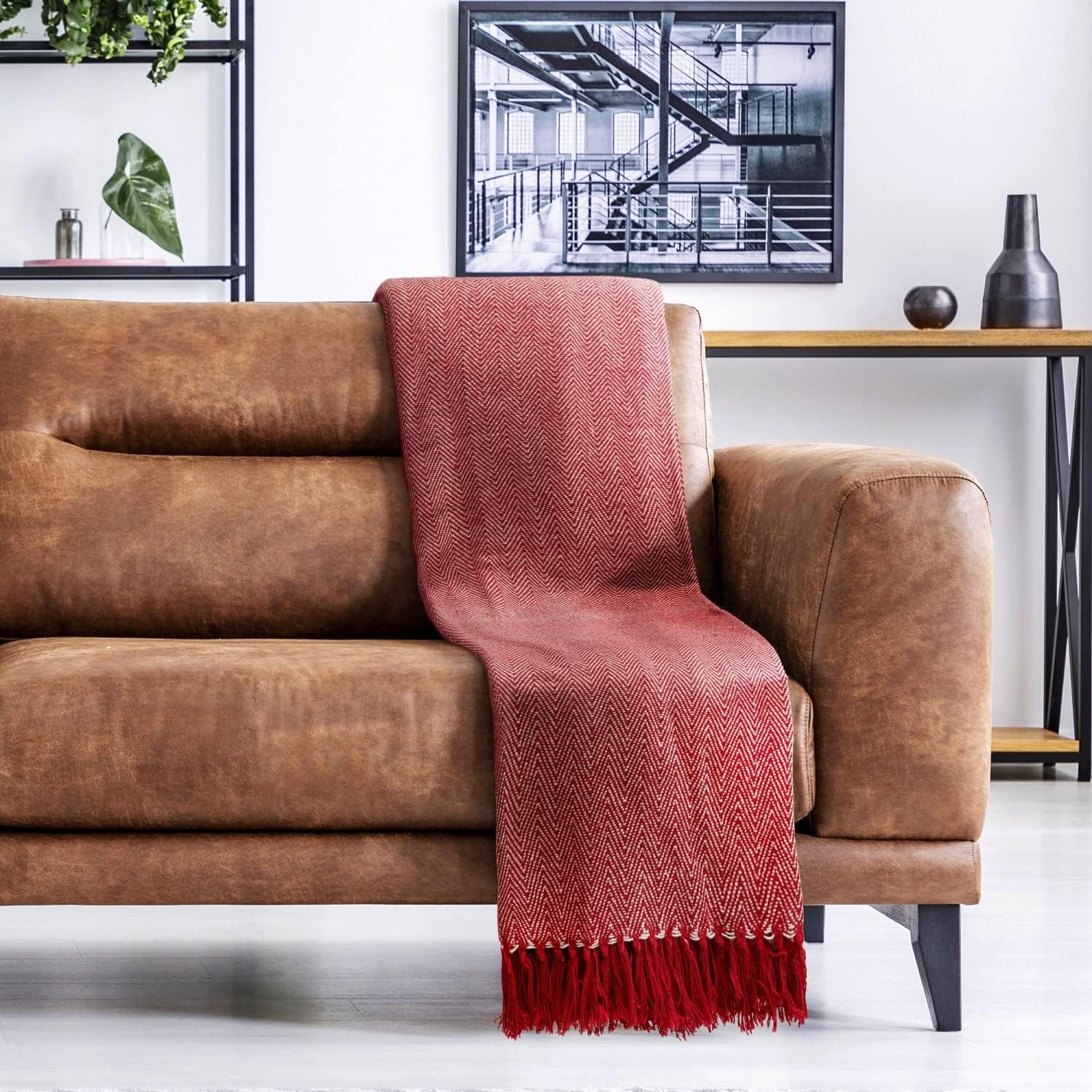 Emma Barclay Herringbone - Recycled Cotton Patterned Chair Sofa Setee Bed Throw Over Blanket in Natural - 50x60 (127x152cm)