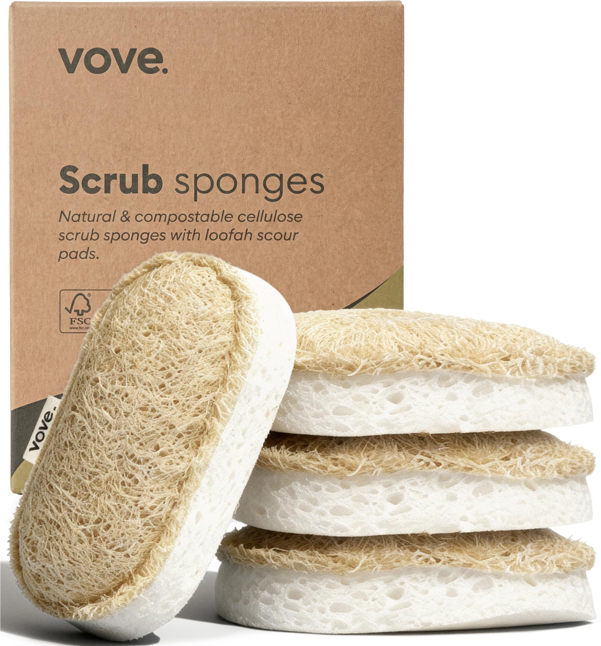 Vove Washing Up Sponges, Pack of 4, Cellulose & Cotton with Natural Loofah, Eco-Friendly Loofah Kitchen Sponges, Bathroom Scrubbing Pads, FSC-Certified Packaging