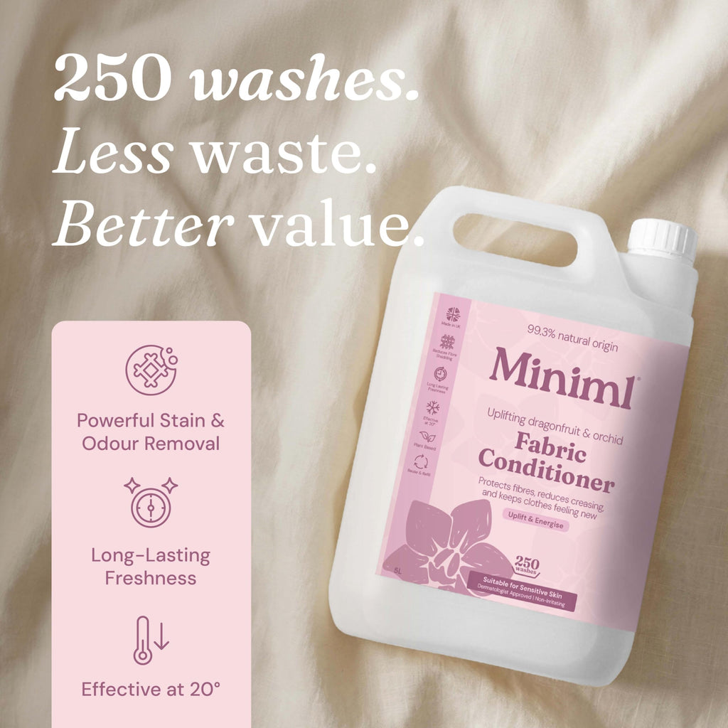 Miniml Natural Fabric Softener & Conditioner 5L Refill - Pink Dragonfruit & Orchid Scented All Natural Fabric Softener for Sensitive Skin - 100% Vegan & Cruelty Free (250 Washes)
