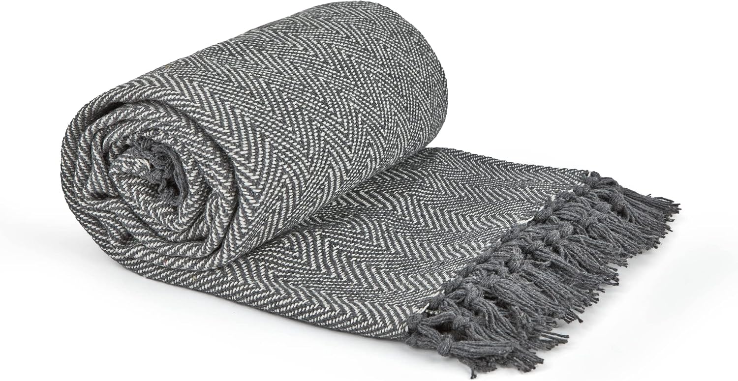 Emma Barclay Herringbone - Recycled Cotton Patterned Chair Sofa Setee Bed Throw Over Blanket in Natural - 50x60 (127x152cm)