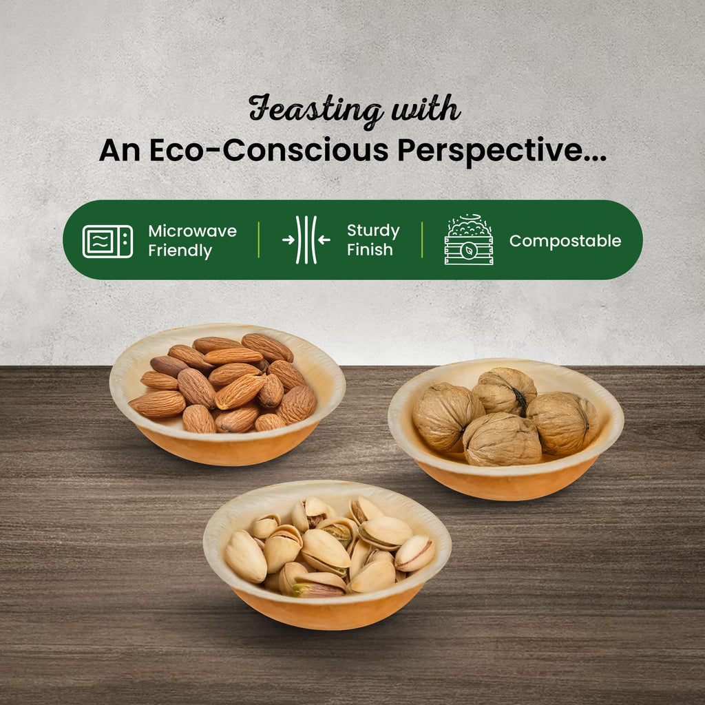 ECO Leaf 50 Disposable Palm Leaf Bowls | 8”(20cm) Round Compostable Dinner Bowls | Eco-Friendly, Biodegradable Heavy-Duty Bowl for Wedding, Party and Picnic | Microwave & Oven Safe, Pack of 50