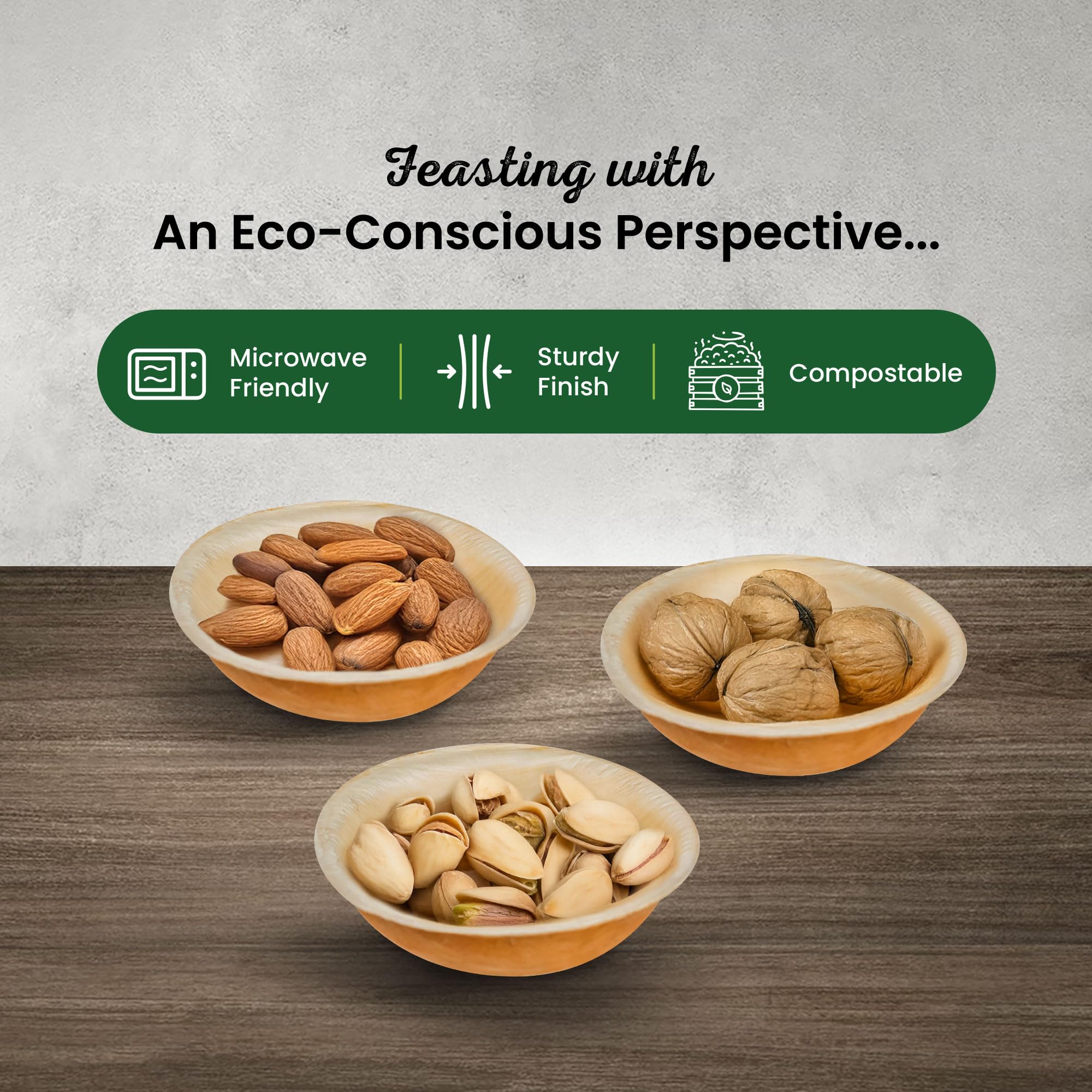ECO Leaf 50 Disposable Palm Leaf Bowls | 8”(20cm) Round Compostable Dinner Bowls | Eco-Friendly, Biodegradable Heavy-Duty Bowl for Wedding, Party and Picnic | Microwave & Oven Safe, Pack of 50