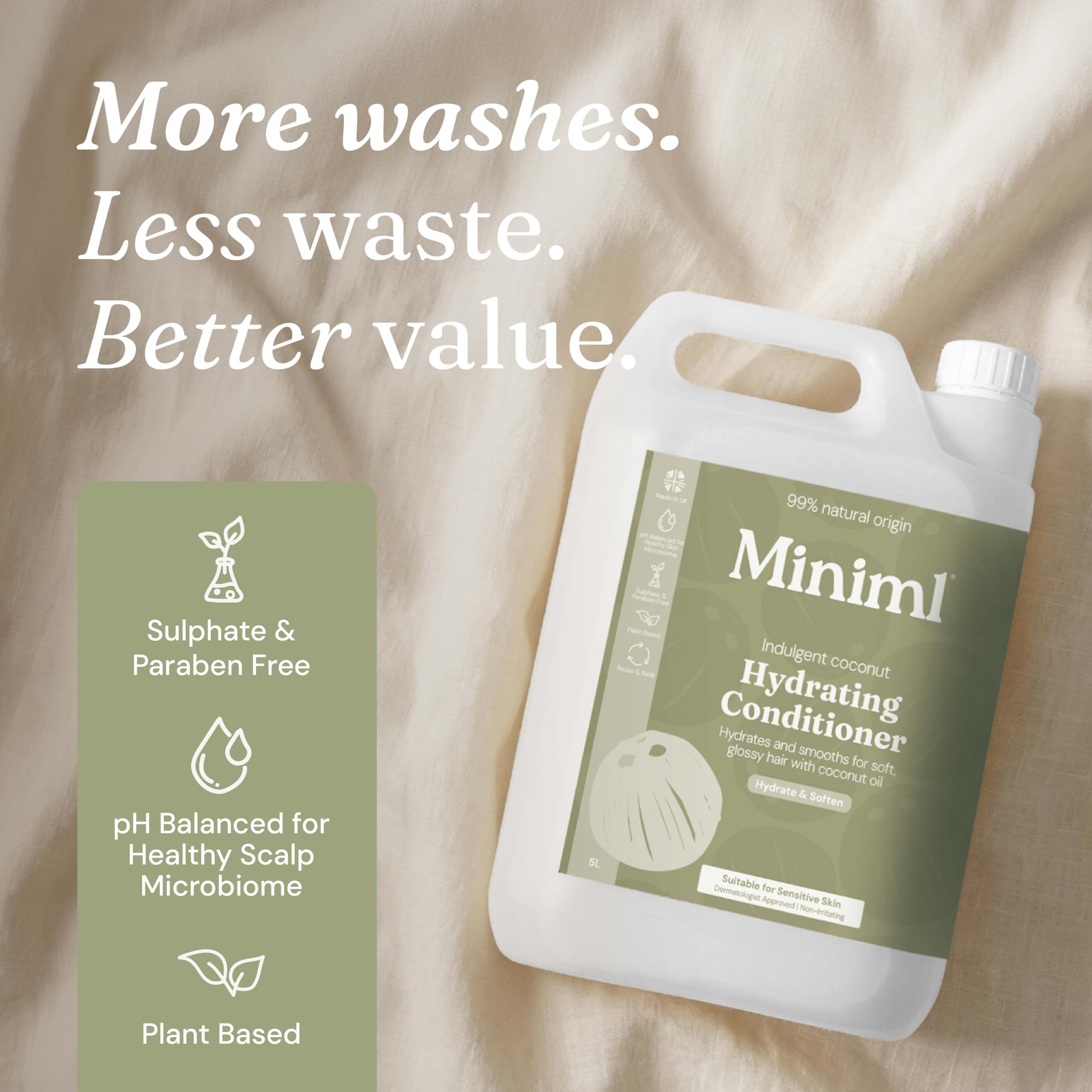 Miniml Natural Hair Conditioner Eco Friendly - Refill Nourishing Coconut Men and Womens Sensitive Scalp & Skin Cruelty Free Vegan Formula - For Greasy, Curly, Dry Hair, 5L (Pack of 1)