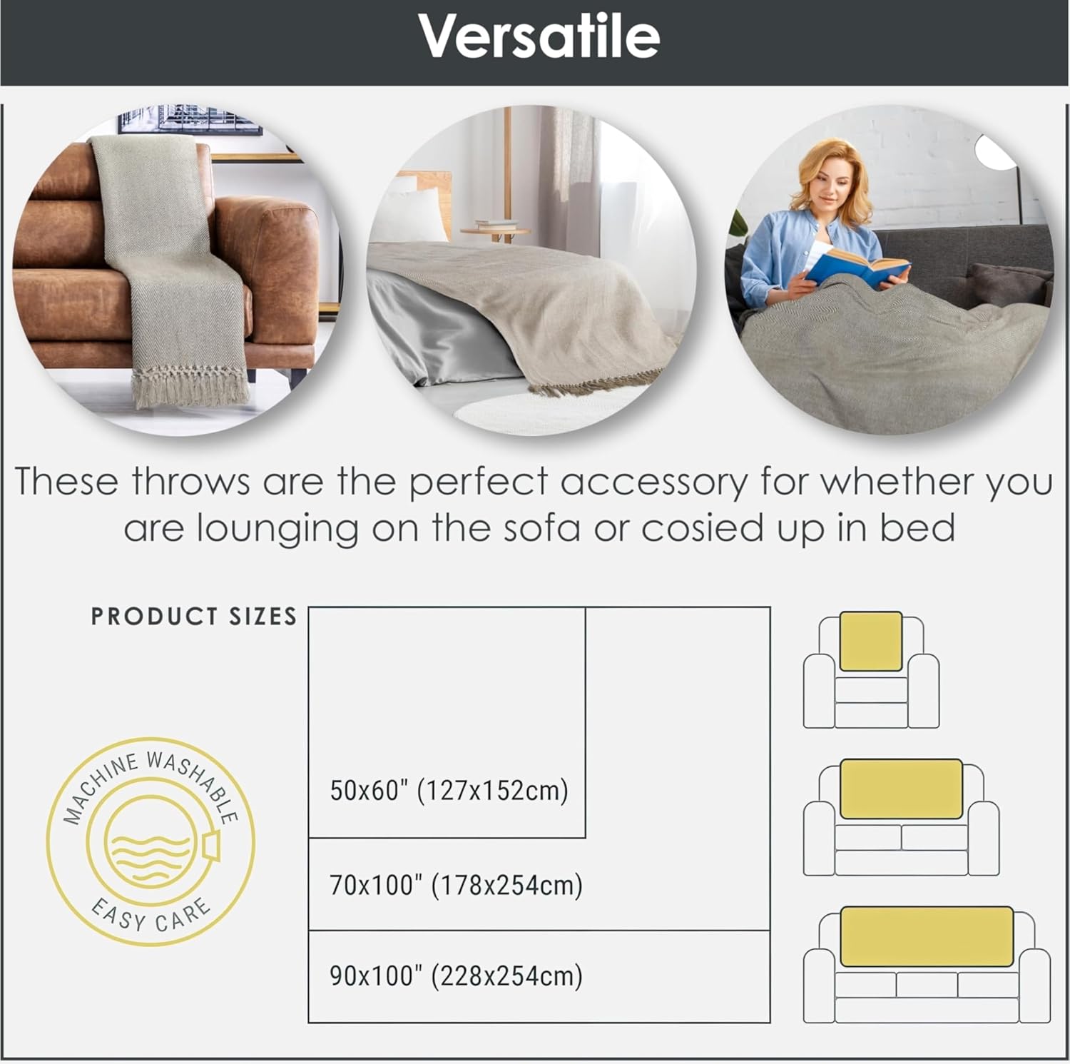 Emma Barclay Herringbone - Recycled Cotton Patterned Chair Sofa Setee Bed Throw Over Blanket in Natural - 50x60 (127x152cm)