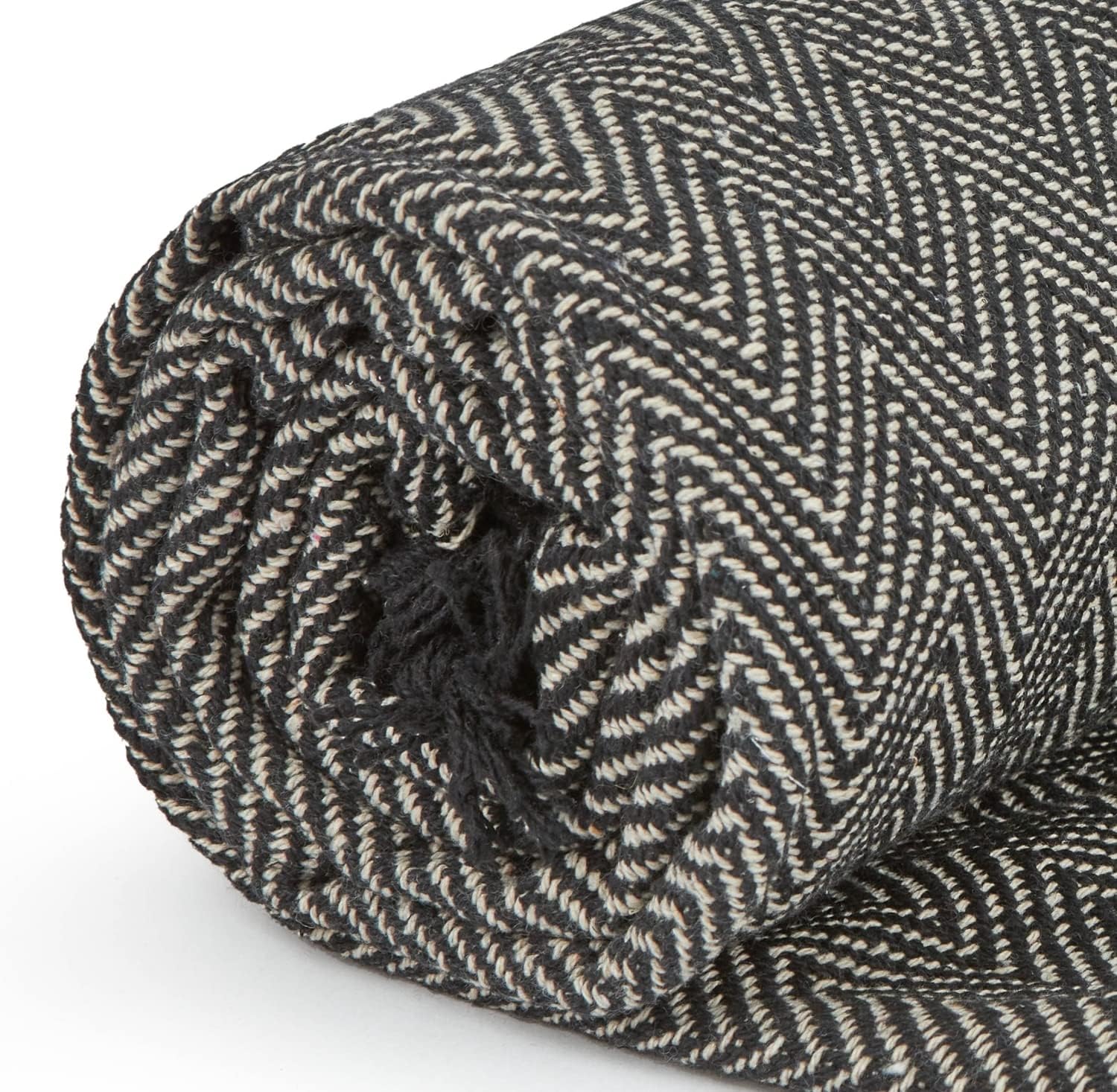 Emma Barclay Herringbone - Recycled Cotton Patterned Chair Sofa Setee Bed Throw Over Blanket in Natural - 50x60 (127x152cm)