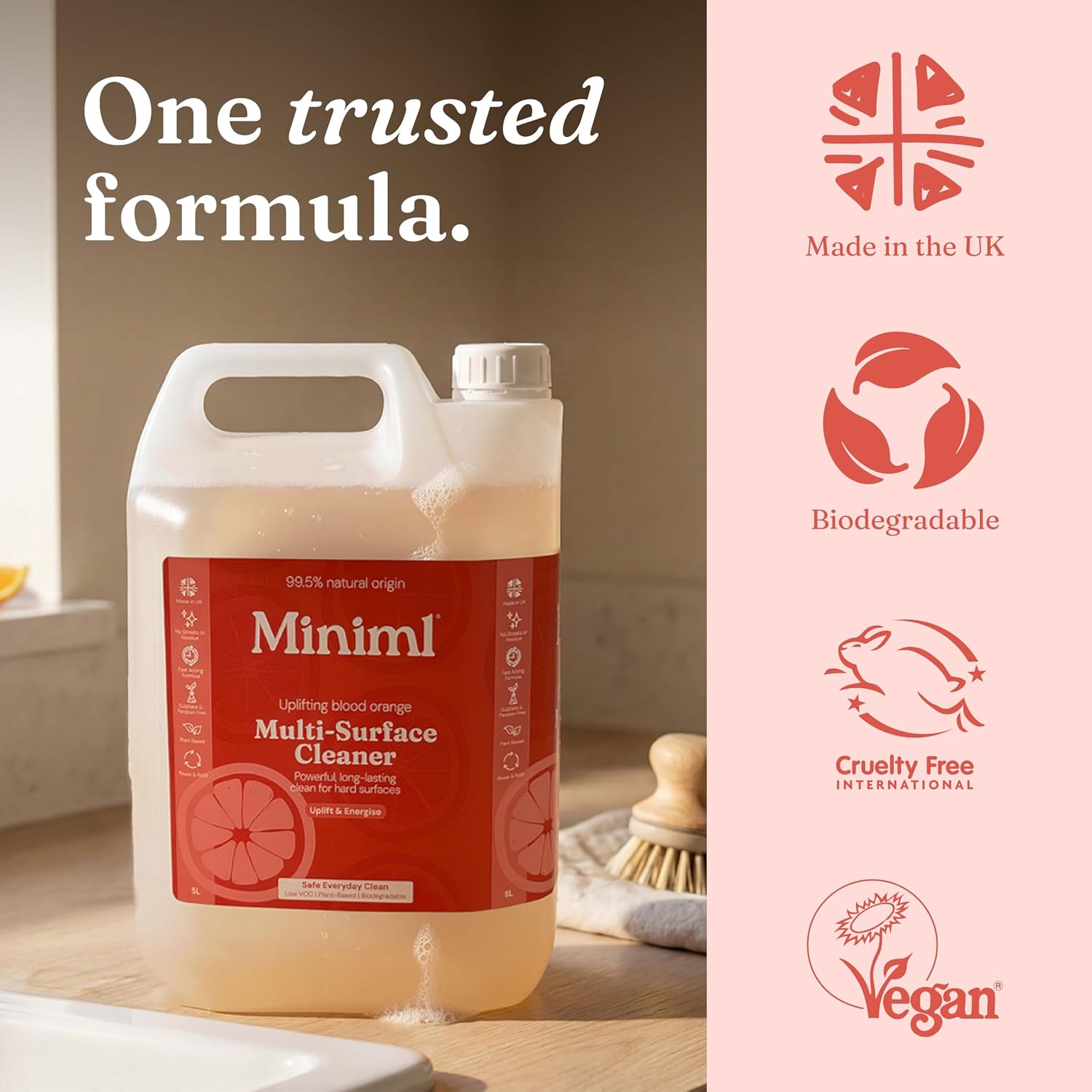 Miniml Eco Multi Surface Cleaner General Purpose Spray 5L Refill – Blood Orange Scented for Cleaning All Surfaces Floors Walls Glass Kitchen Bathroom - Natural Plant Based Vegan Formula & Cruelty Free