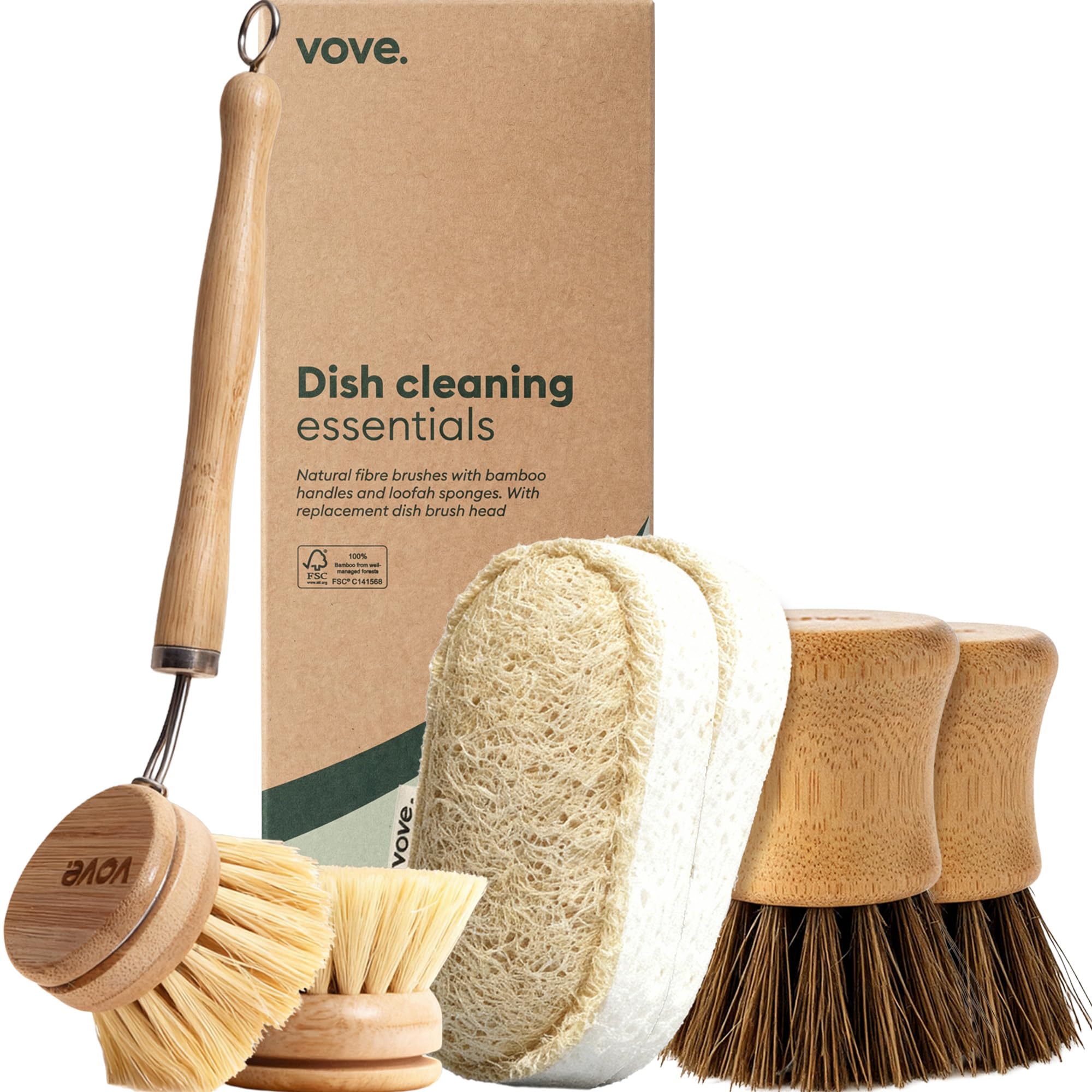 Vove Cleaning Essentials Set – Bamboo Washing Up Brush with Spare Head, 2 Scrub Brushes, 2 Washing Up Sponges – FSC Certified, Plastic-Free, Eco-Friendly – Natural Bristles & Loofah