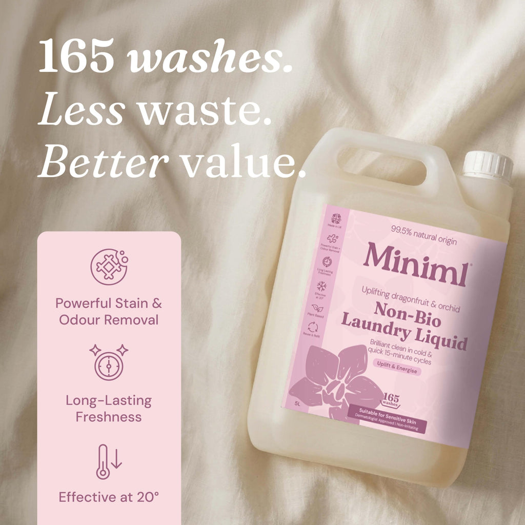 Miniml Laundry Liquid Washing Detergent 5L Refill - Natural Non Bio Pink Dragonfruit & Orchid Scented Clothes Fabric Cleaner for Machine or Delicate Hand Wash- 100% Vegan & Cruelty Free (165 Washes)
