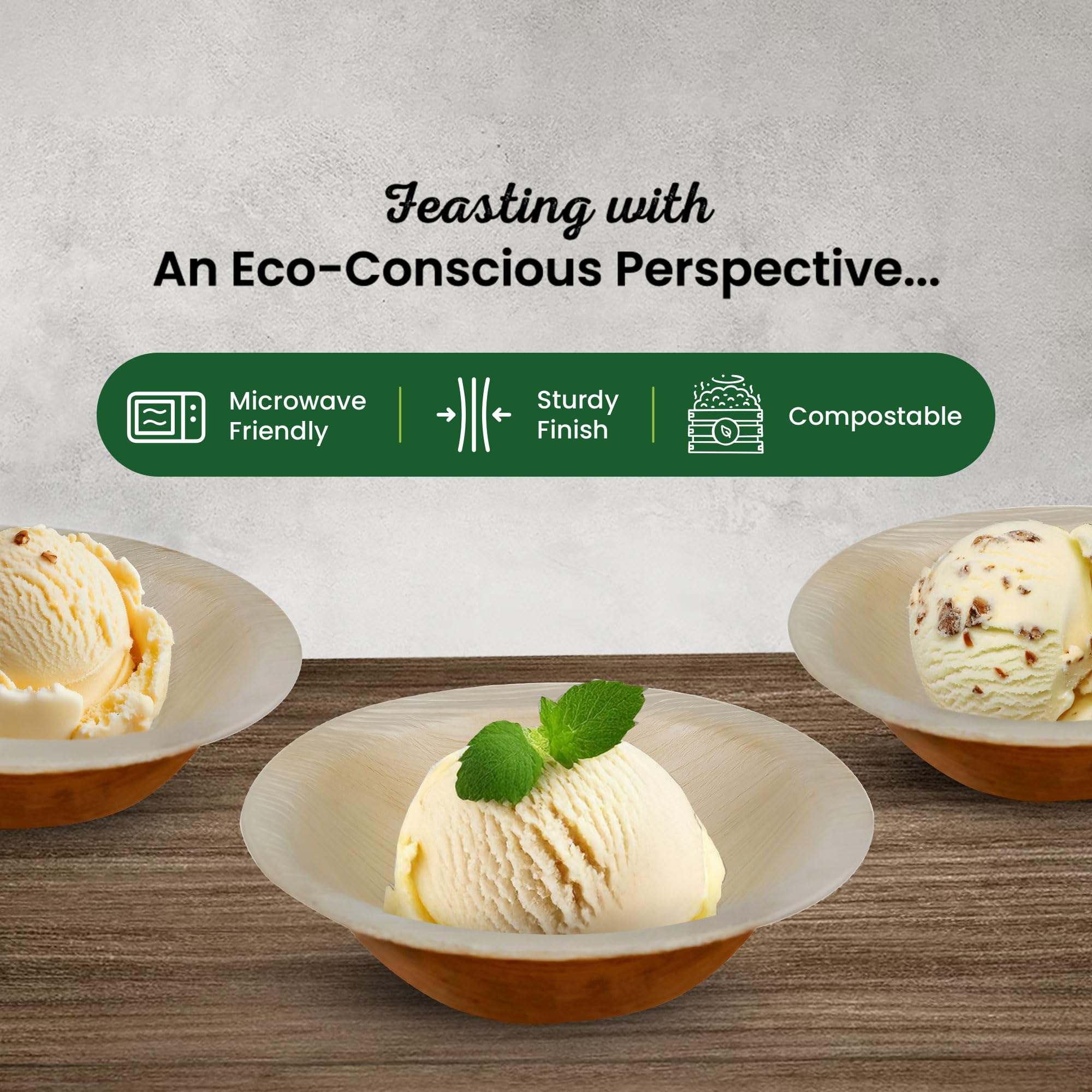 ECO Leaf 50 Disposable Palm Leaf Bowls | 8”(20cm) Round Compostable Dinner Bowls | Eco-Friendly, Biodegradable Heavy-Duty Bowl for Wedding, Party and Picnic | Microwave & Oven Safe, Pack of 50