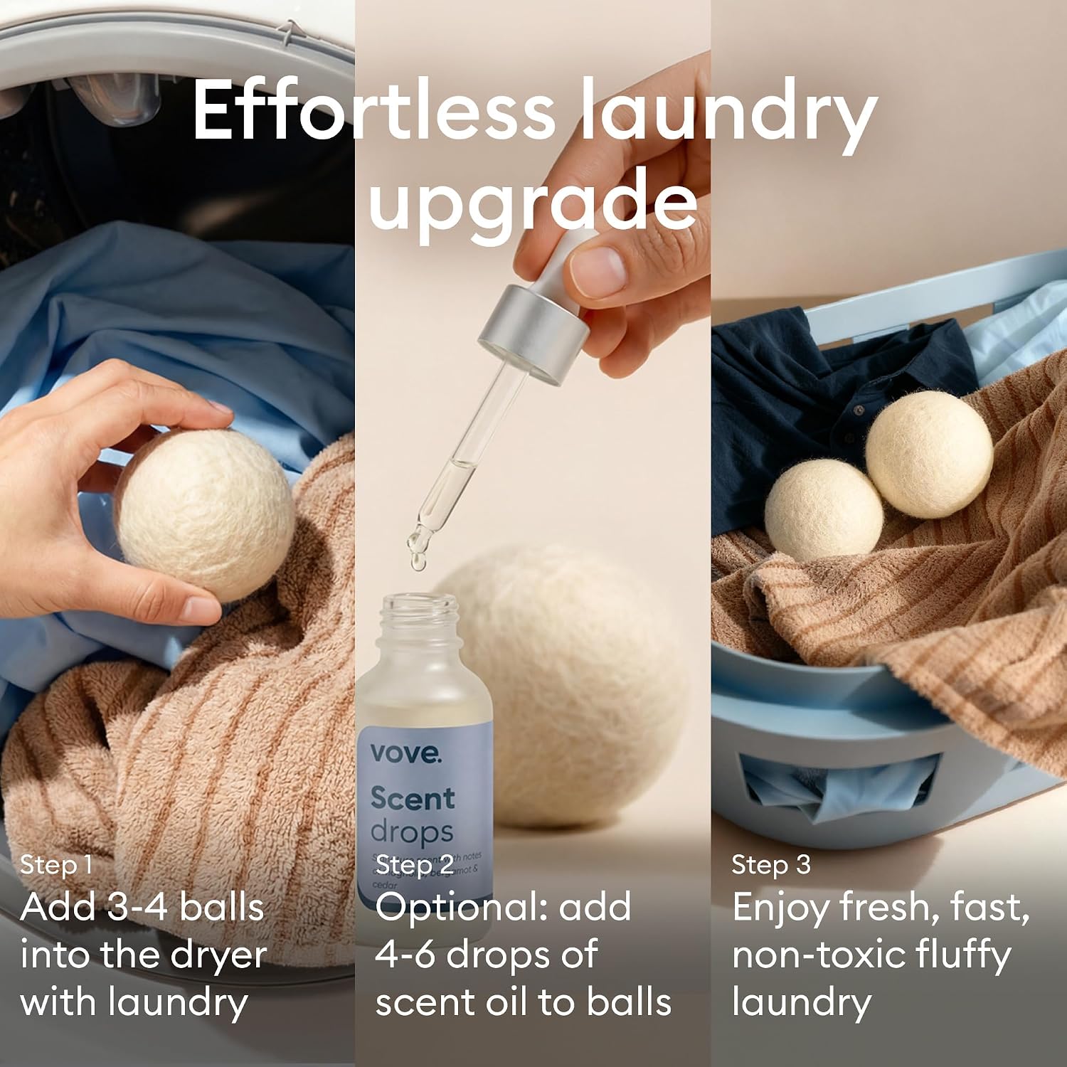 Vove Natural Hemp Tumble Dryer Balls, Pack of 4 - 5X More Absorbent VS Wool - Upto 35% Faster, Fabric Conditioner, Cuts Creases & Static, Reusable Hypoallergenic, Eco Friendly