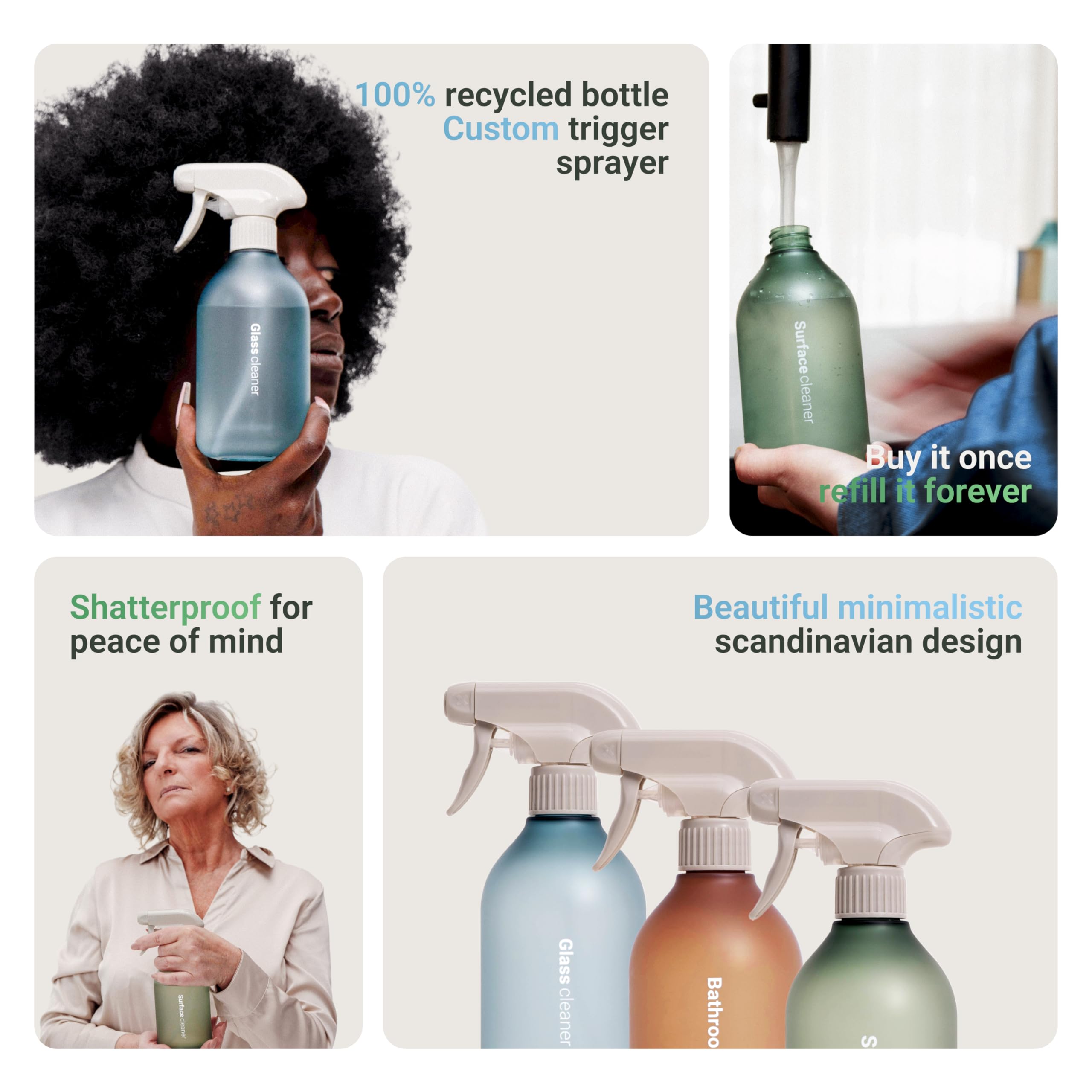 Vove | Premium Reusable Cleaner Bottles | 3 pack | 100% Recycled bottle | Leakproof Trigger Sprayer | Scandi design | Eco-Friendly | Long Lasting | 500ml / 17fl oz | For Cleaning