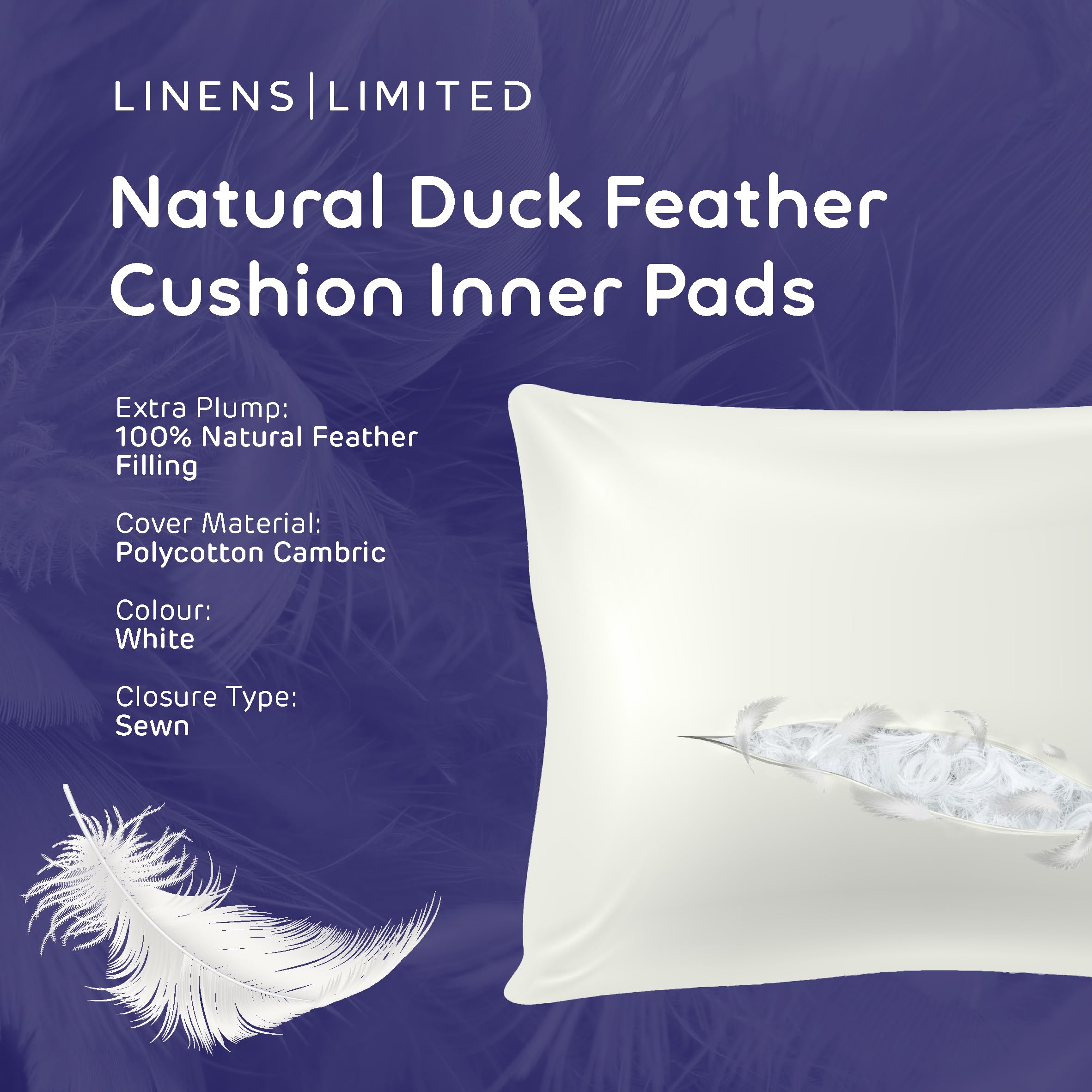 Linens Limited - Cushion Insert 50cm x 50cm, Soft & Plump Natural Duck Feather Sofa Cushion Pad, Elegant, Versatile, Easy to Clean, Large Square Cushion Inner, Perfectly Fits Covers (White) (2 Pack)