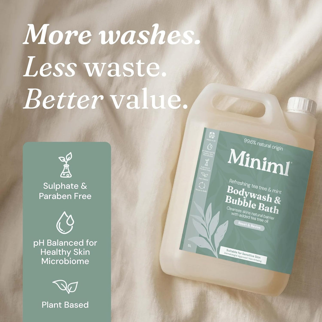 Miniml All Natural Body Wash and Bubble Bath - 5L Refill Moisturising Tea Tree and Mint Sensitive Skin Eco Shower Gel Bath Soak - Vegan Friendly Hand, Face & Body High Foam Scrub