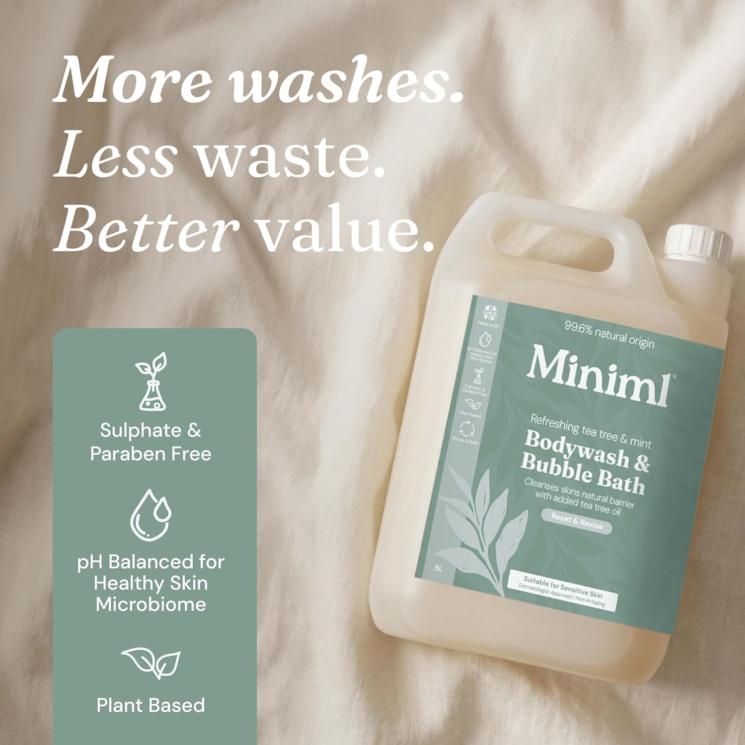 Miniml All Natural Body Wash and Bubble Bath - 5L Refill Moisturising Tea Tree and Mint Sensitive Skin Eco Shower Gel Bath Soak - Vegan Friendly Hand, Face & Body High Foam Scrub