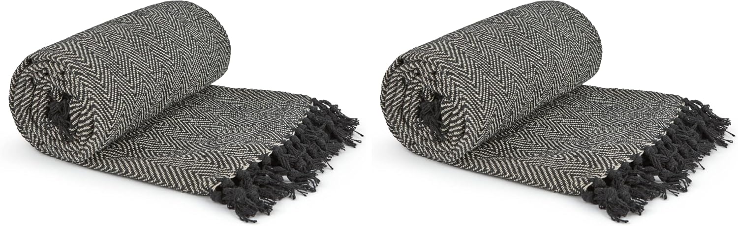 Emma Barclay Herringbone - Recycled Cotton Patterned Chair Sofa Setee Bed Throw Over Blanket in Natural - 50x60 (127x152cm)