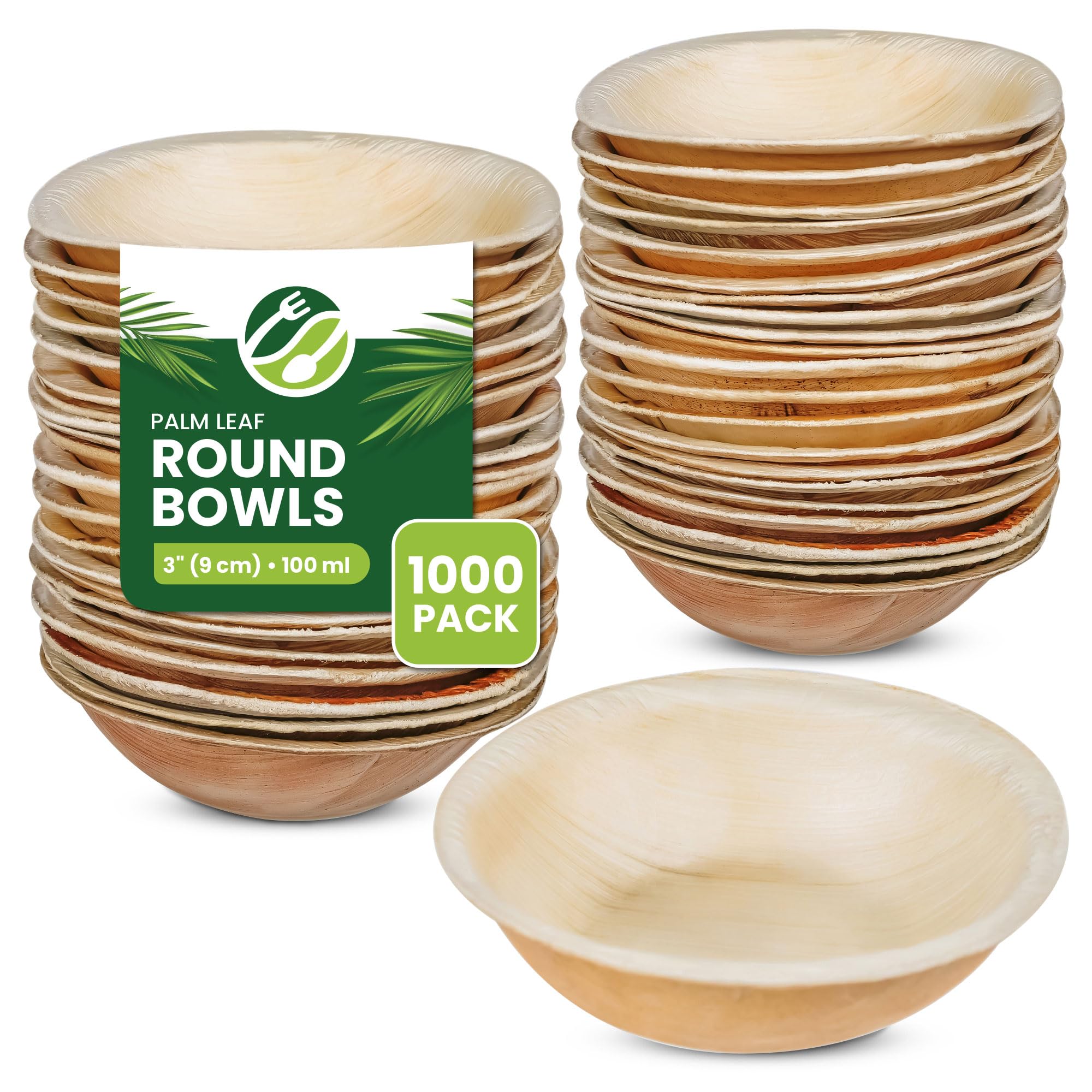 ECO Leaf 50 Disposable Palm Leaf Bowls | 8”(20cm) Round Compostable Dinner Bowls | Eco-Friendly, Biodegradable Heavy-Duty Bowl for Wedding, Party and Picnic | Microwave & Oven Safe, Pack of 50