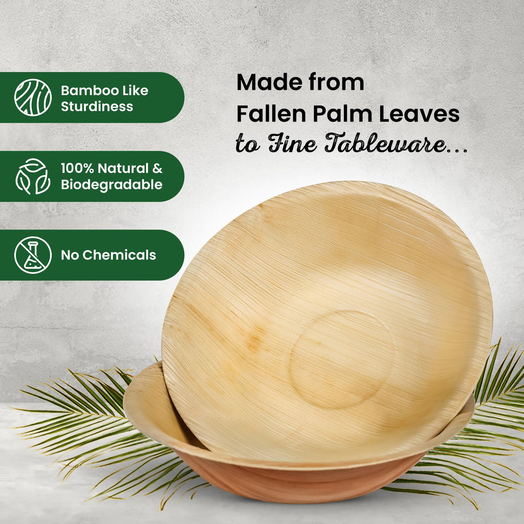 ECO Leaf 50 Disposable Palm Leaf Bowls | 8”(20cm) Round Compostable Dinner Bowls | Eco-Friendly, Biodegradable Heavy-Duty Bowl for Wedding, Party and Picnic | Microwave & Oven Safe, Pack of 50