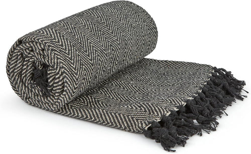 Emma Barclay Herringbone - Recycled Cotton Patterned Chair Sofa Setee Bed Throw Over Blanket in Natural - 50x60 (127x152cm)